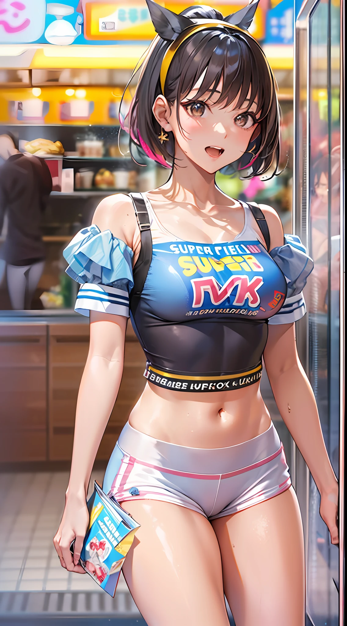 ((Masterpiece)), best quality, absurderes, ultra detailed, holographic, cowboy shot, dynamic pose, golden ratio, super cute girl, mature girl, extremely beautiful, super beautiful asian girl with super beautiful brown shiny eyes, super petite and sexy body, super beautiful legs, super beautiful brown multicolored short hair, high ponytail, shiny and super beautiful skin, nice and sexy body, slim and delicate body, perfect body, wearing a super tight black short sleeve crop top, bare shoulders, super tight translucid black leggings, hot panties, fox hairband, being photographed in a popular kawaii food court