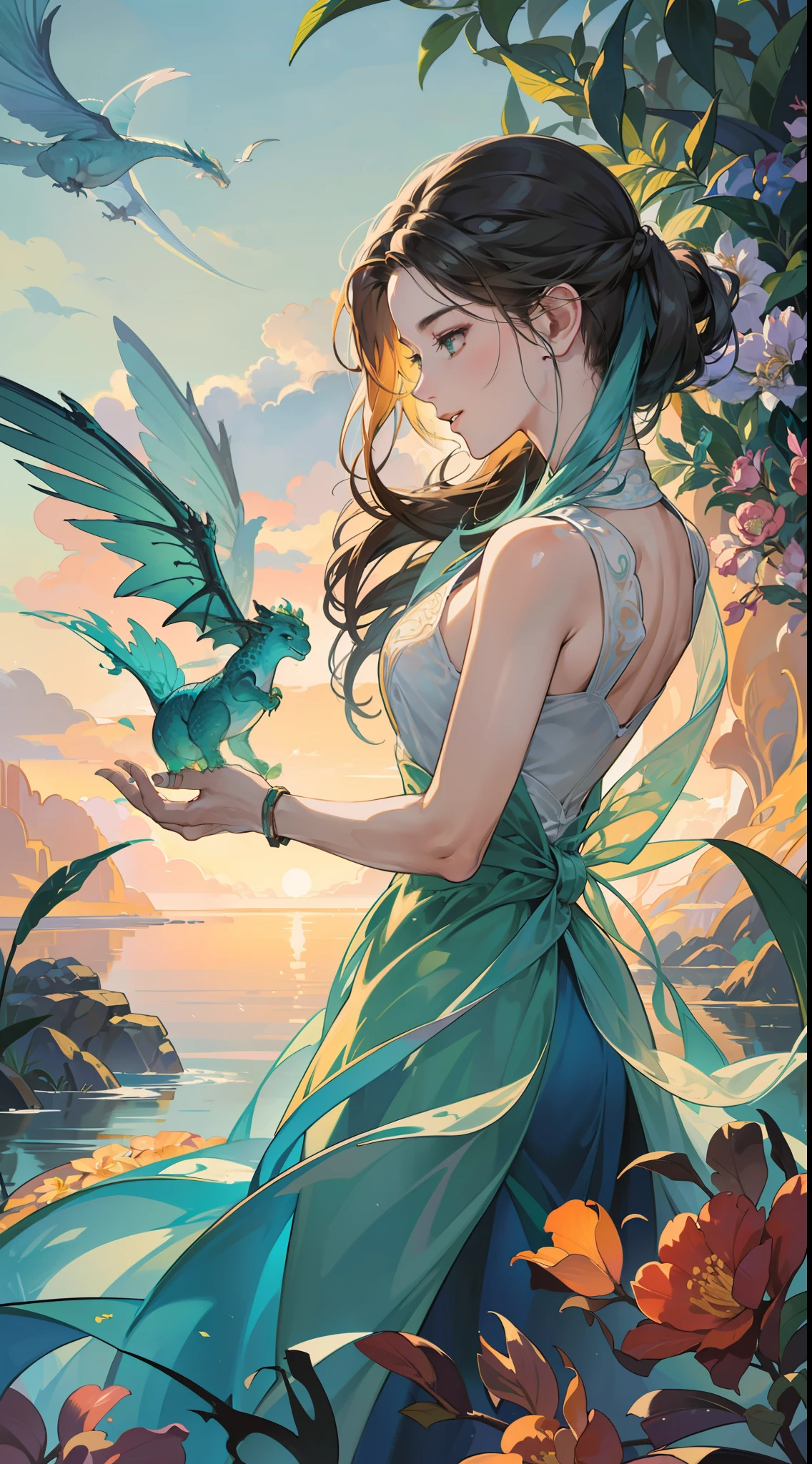 Art in the style of Adrian Chesterman🎨 and John James Audubon🐦, Drawing inspiration from the imaginative constructs of Tim Hildebrandt🐉, Fashion design by Iris Van Herpen🍃, The mysterious entity, Botanical Serpentine, the dragon, Landscape inspiration from A.J. Casson🌳, Special style touch of Alberto Seveso🎨, 📸 perfect composition, cinematic lighting, centered, luminism, color splash, black lines, depth of field, extreme camera angle. 📸 An ethereal landscape where water meets flora, hidden teddy bear by Gund🧸, Unveiling the mystic dragon with a body of flowing aqua, intertwining with blossoming flora, scales glistening with hues of emerald and azure, Sky swirling with hues of vibrant sunset, creating a canvas of fiery orange and calming blue, Evoking a sense of enchantment, the raw power of nature, the tranquil balance of water and plant life, Infusing the fantasy aesthetics with a bold, unexpected twist on the conventional dragon