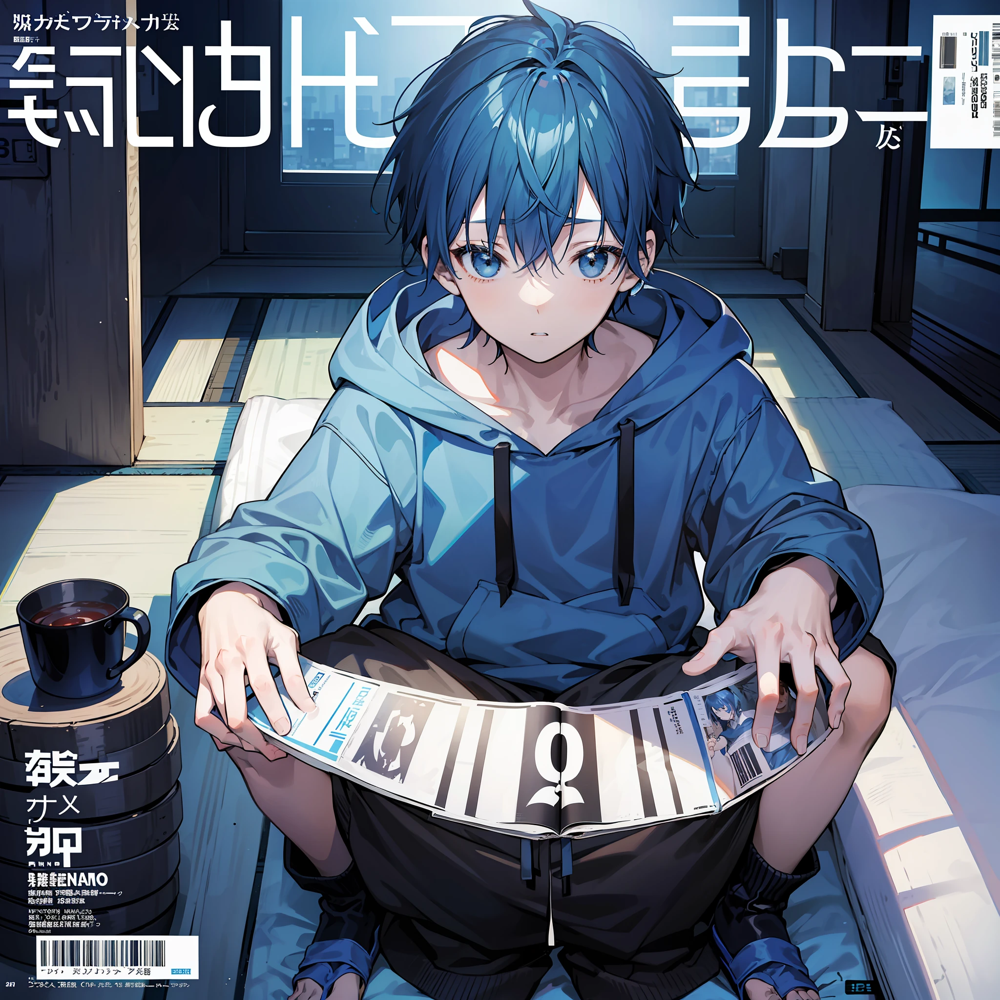 masterpiece, best quality, full body, (1boy), (blue hoodie), (Boy Messy Japanese Round Haircut for Thick Hair), (blue hair), black shorts, (solo), (magazine:1.3), (cover-style:1.3), fashionable,