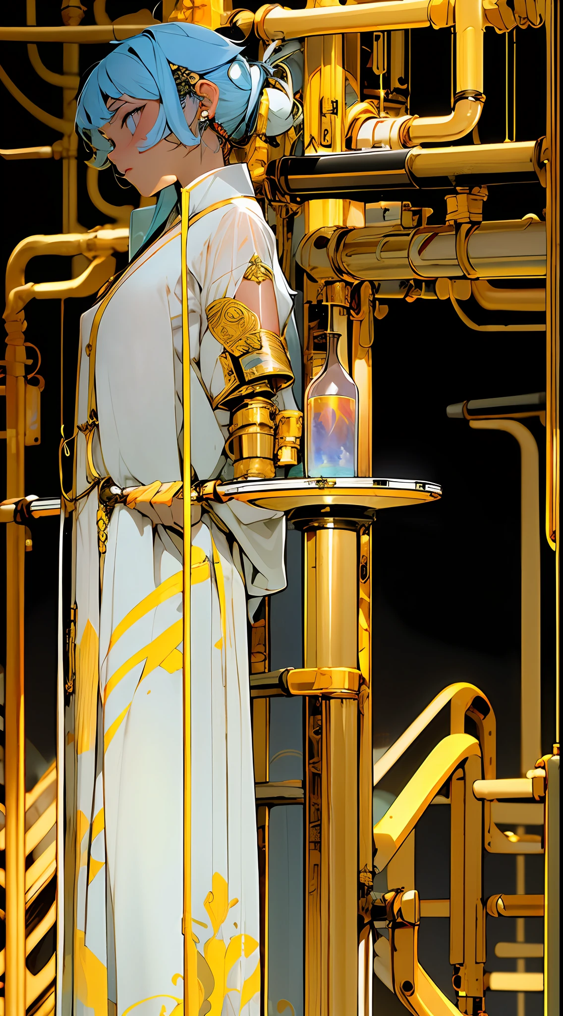 (tmasterpiece,top Quority,best qualtiy),((cyber punk style,machine arm,Hologram aura,Surreal Science Fiction Art,Future Science Fiction Aesthetics)),(1 Boy solo), Close-up Shot Shot, (Determined eyes),(Ancient Chinese clothes,long white robe,Embroidered collar Uesugi,White large-sleeved shirt,Streamers),(Hairpins,cabelos preto e longos, arma),(Hanfu),(Clear facial features,detailed skin textures,beauitful face),white backgrounid, 耳Nipple Ring,Yellow skin, standing on your feet,(((flatcolors))),