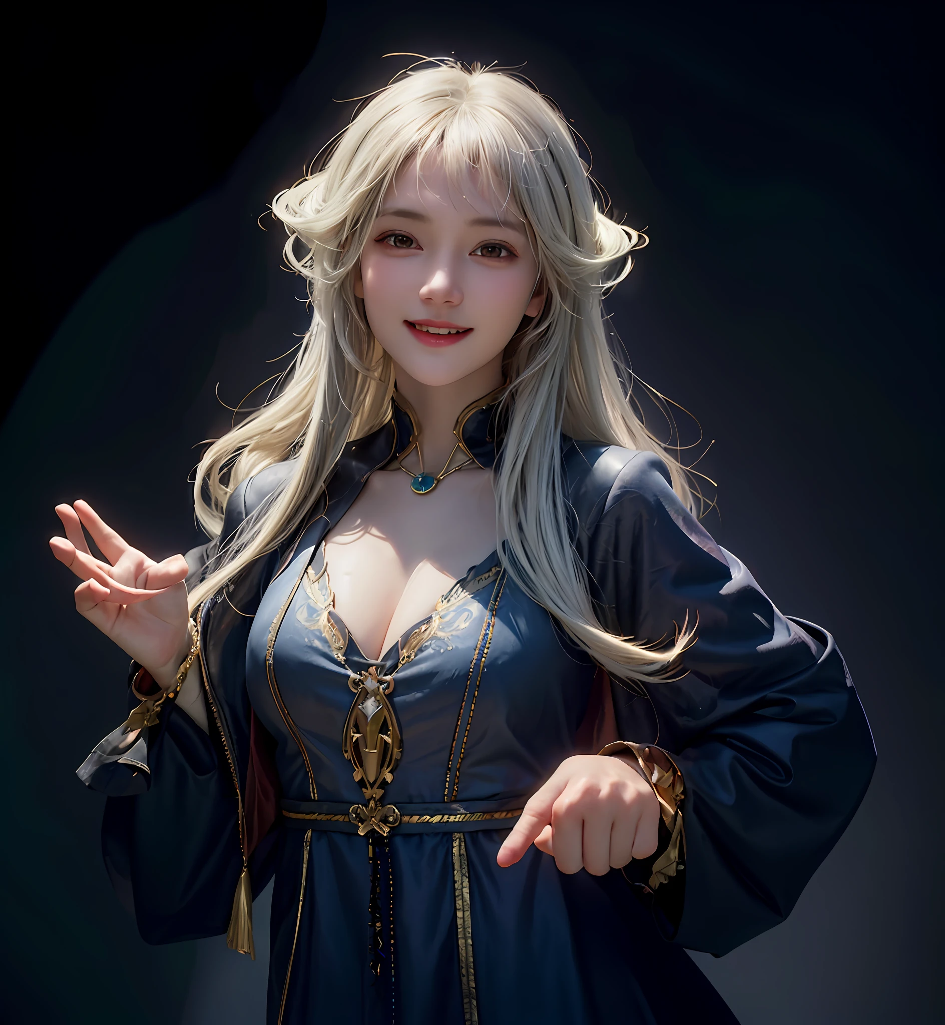 Hyperrealist portrait of smiling female by david hockney and alphonse mucha, waving goodbye, wave goodbye hand,fantasy art, photo realistic, dynamic lighting, artstation, poster, volumetric lighting, very detailed faces, 4 k, award winning,, 1girl, in the dark, deep shadow, low key,cowboy shot,(official clothing:1.4) ,long hair,white hair,smiling face,too smiling face