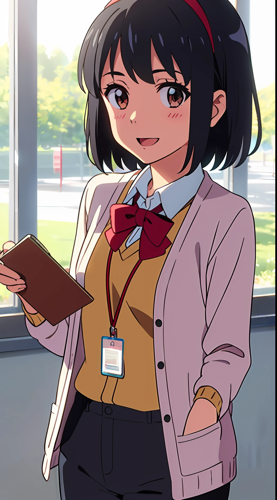 shinkai makoto, kimi no na wa., 1girl, bangs, black hair, blush, brown eyes, shiny skin, headband, red headband, ribbon, red ribbon, bow, red bow, collared shirt, lanyard, pantyhose, shirt, white shirt, blue cardigan, black pants, looking at the viewer, short hair, cute, smile, open mouth, solo, upper body, long sleeves, masterpiece, university, colleges, book, holding book