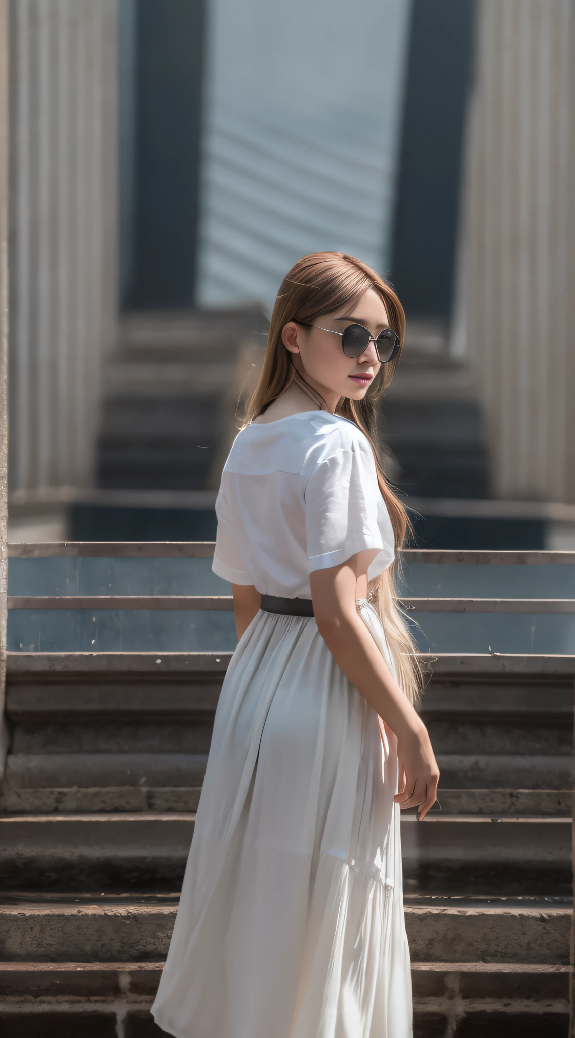 (8K,RAW photos,best qualtiy,tmasterpiece:1.2),(realisticlying,photograph realistic:1.37),one-girl(a white long skirt)The sun is shining on the girl,Back Shadow