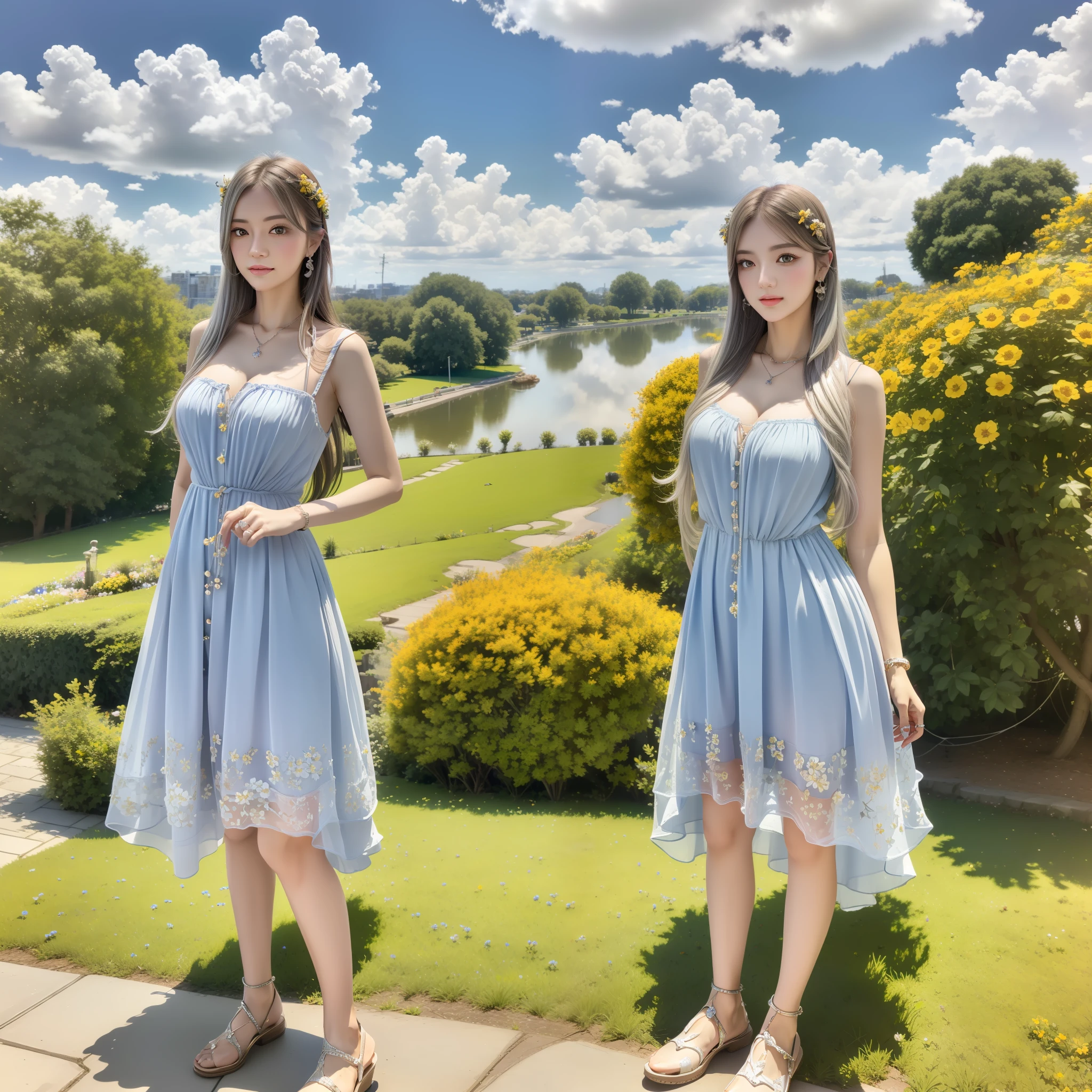 Best quality, 4k wallpaper, Masterpiece, Extremely detailed Cg Unity 8K wallpaper, Extremely detailed eyes, Ultra-detailed, 1girll, Summer style, Silver hair, Yellow eyes, Colorful dress, jewelry, Earrings, necklace, hair adornments,  Outdoors, Flower garden, sky, Cloudy sky, shoes, full bodyesbian,