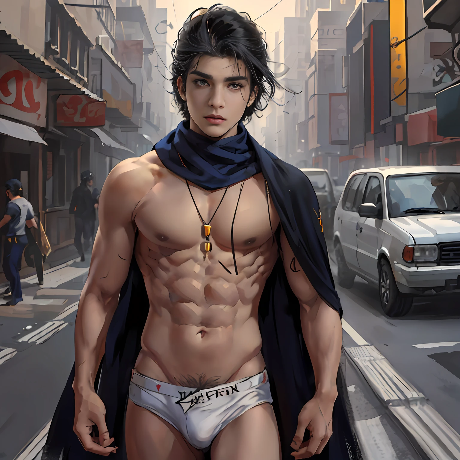Male athletic 15-year-old Arab boy, esta sin ropa, desnudo, toples blancos, piel canela rojiza, cabello liso, camina perdido y asustado por las calles de new york, el joven viste una falda tgipica del antiguo egipto