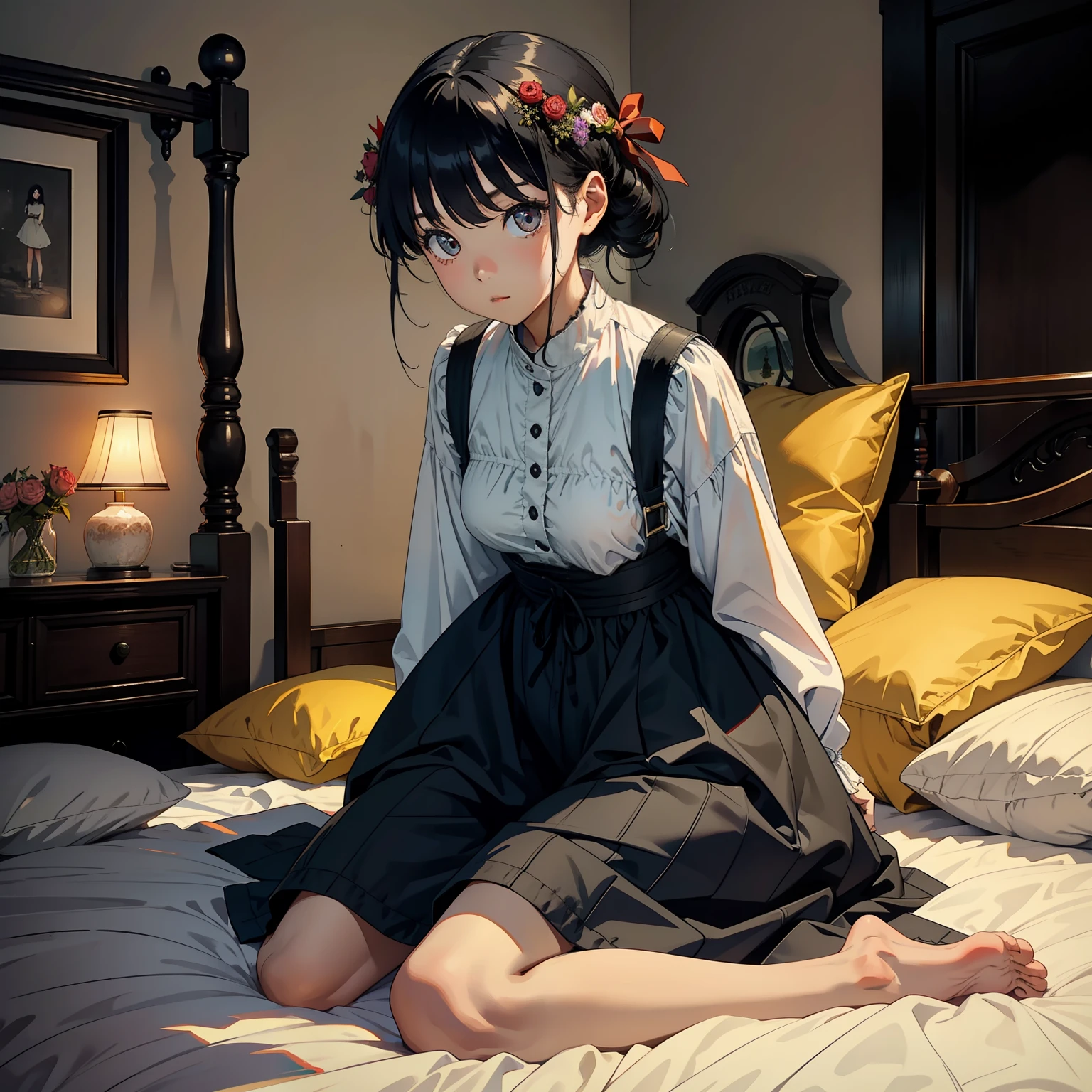 1 girl,big bright eyes,ccurateblack hair。Stand in front of the bed