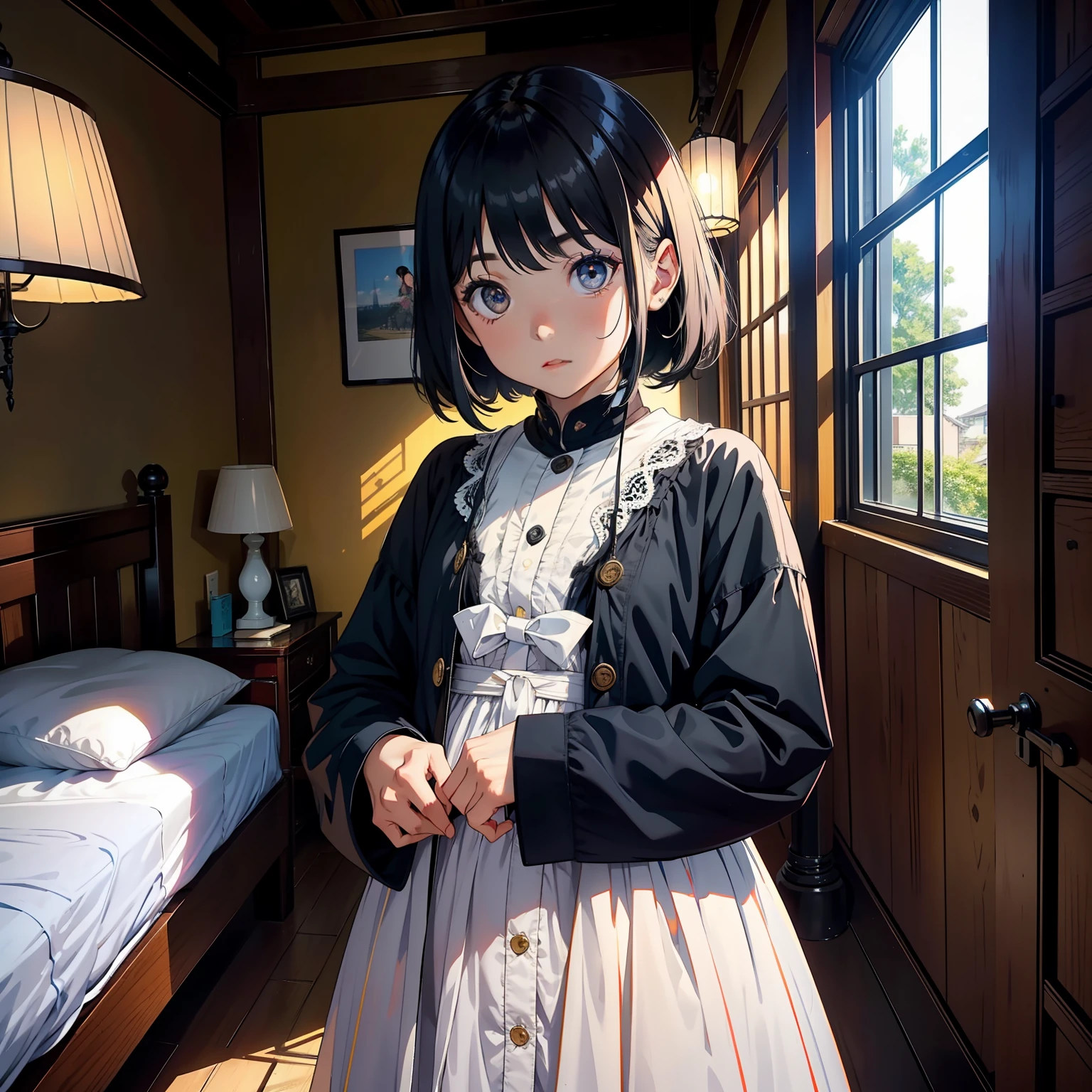 1 17 year old girl，big bright eyes，ccurateblack hair。Stand in front of the bed