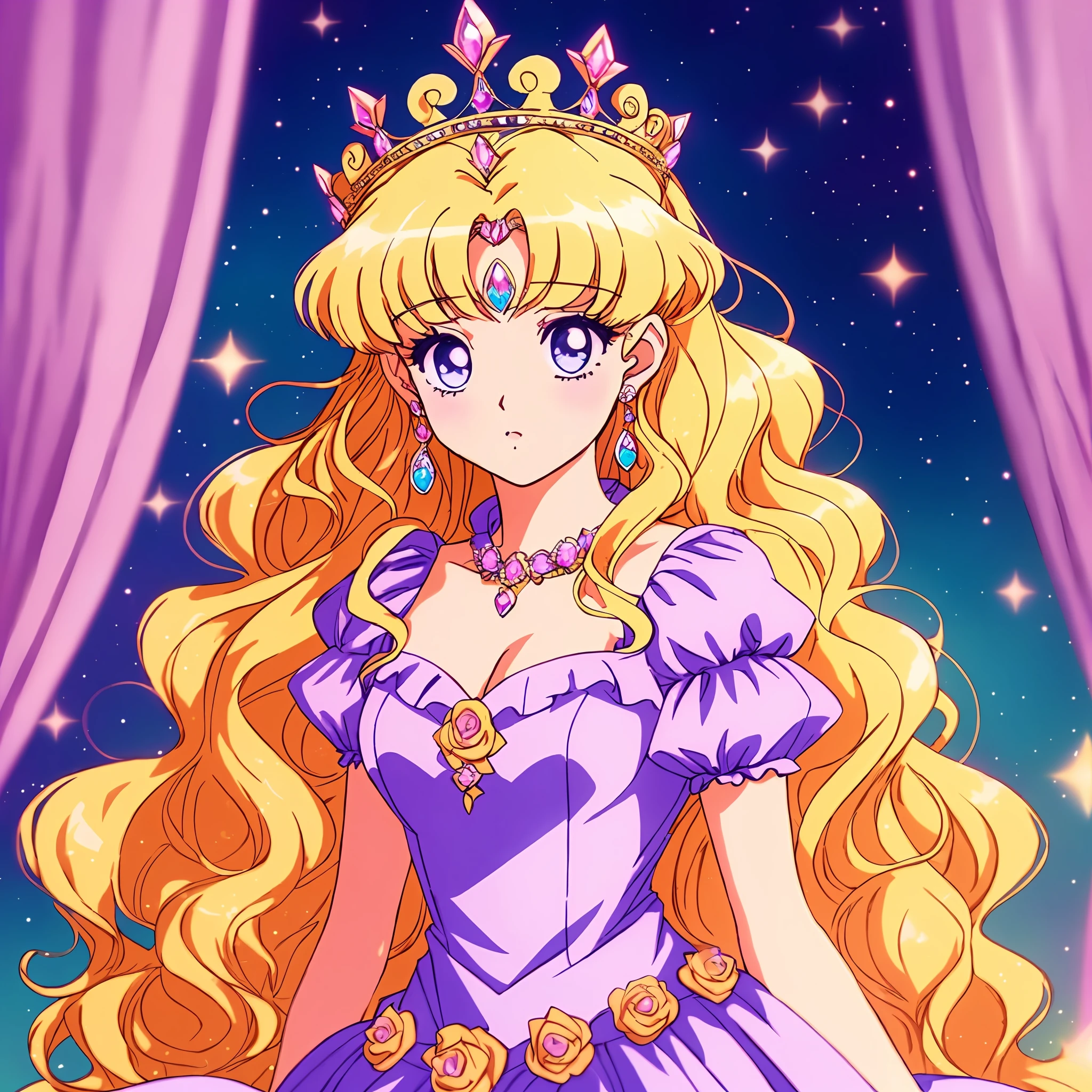 1 Princess,Thick blonde curls,(Beautiful dress、tiara crown、jewelry),pretty eyes,Blush,pastelcolor,Retro anime,1990s anime,tmasterpiece,Best quality
