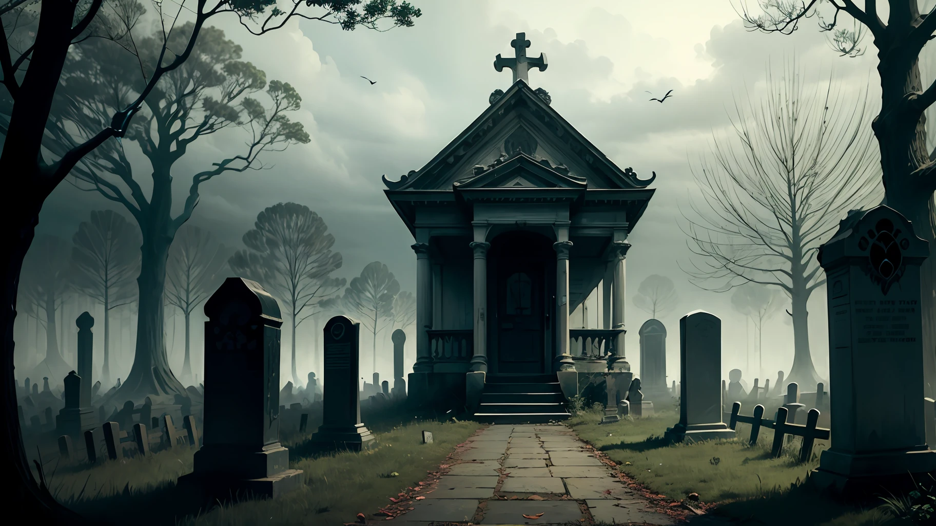 Creepy cemetery, ominous atmosphere, low saturation, horror vibes --auto