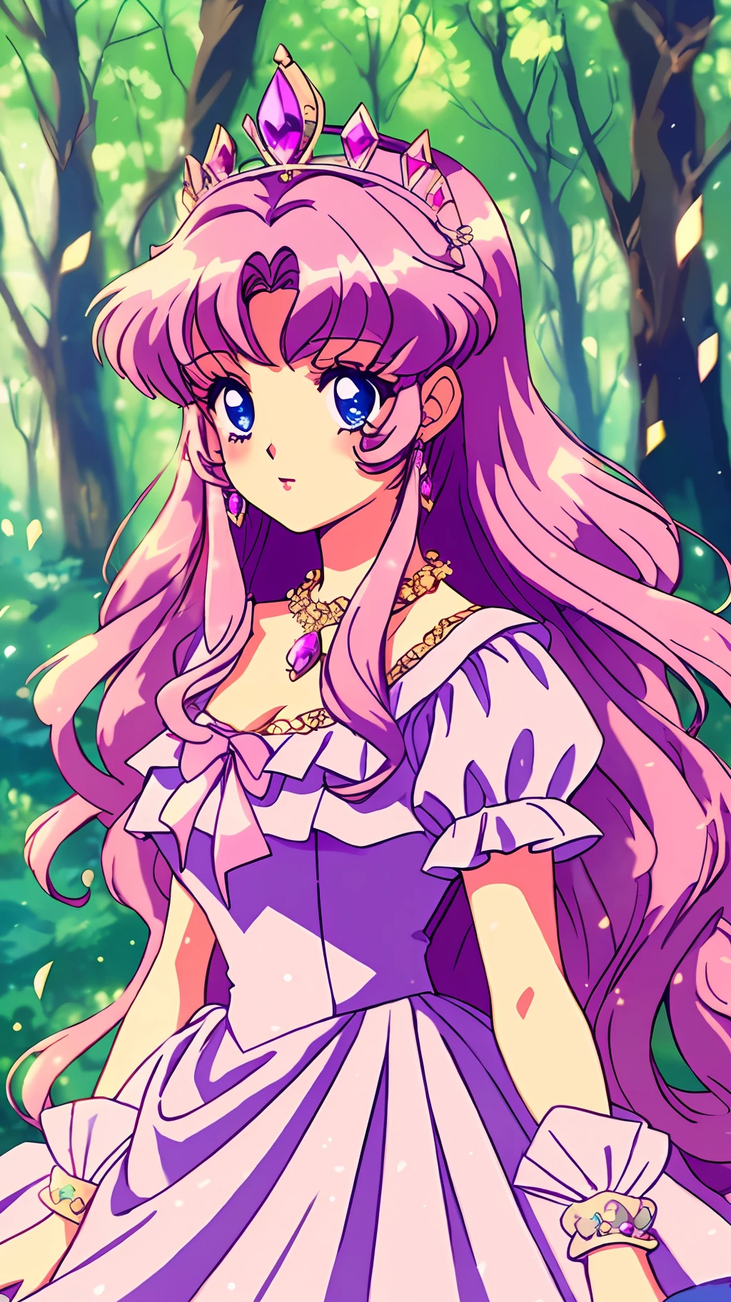 1 Princess，Character standing drawing，Bushy hair，(Beautiful dress、Hairstyles、tiara crown、jewelry)，pretty eyes，Blush，pastelcolor，Retro anime，1990s anime，tmasterpiece，Best quality