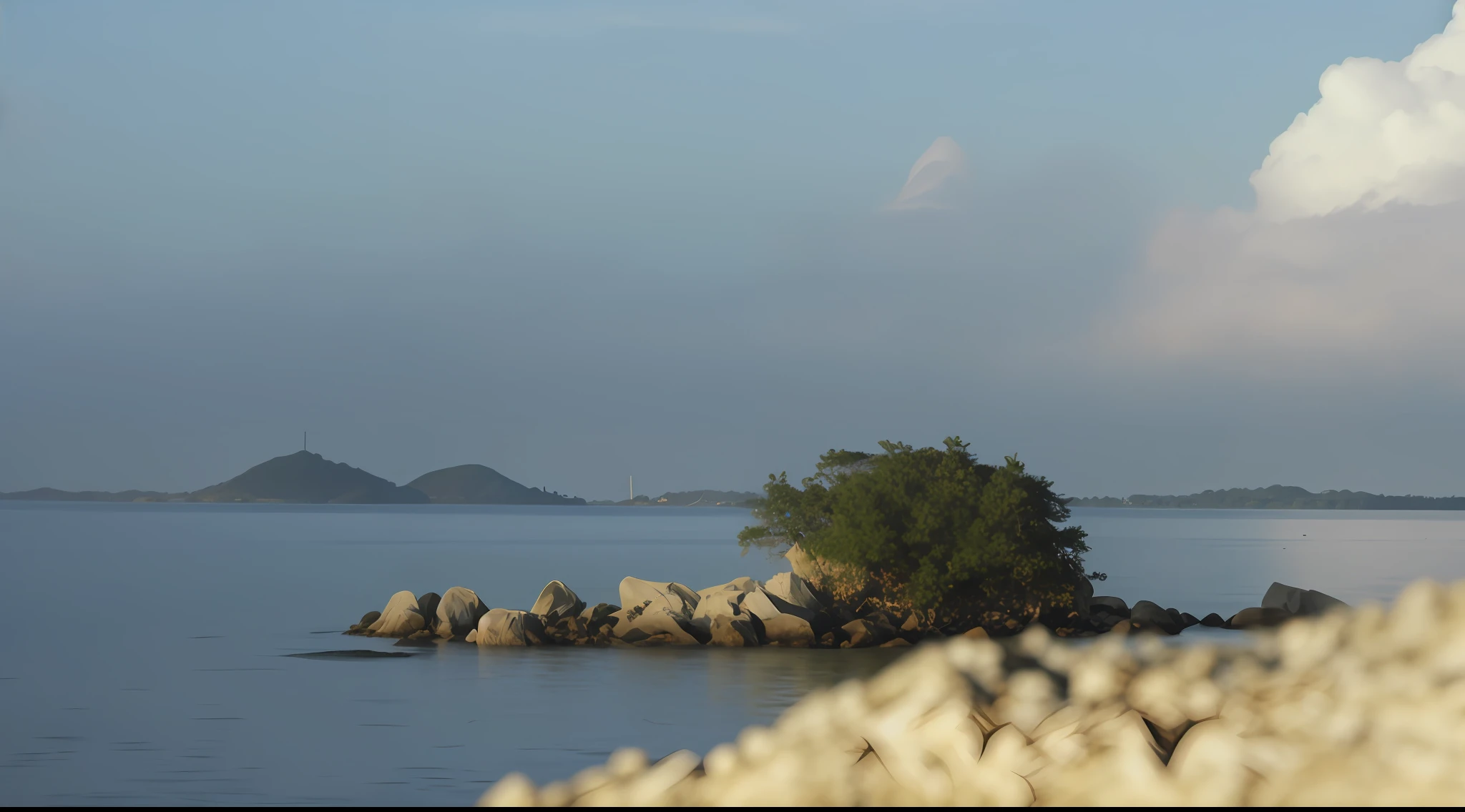 there is a small island with a tree on it in the middle of the water, island in the background, island landscape, in the distance is a rocky hill, near a jetty, an island, from afar, shot on nikon d 3 2 0 0, shot from far away, islands on horizon, temple in the distance, two medium sized islands, many islands