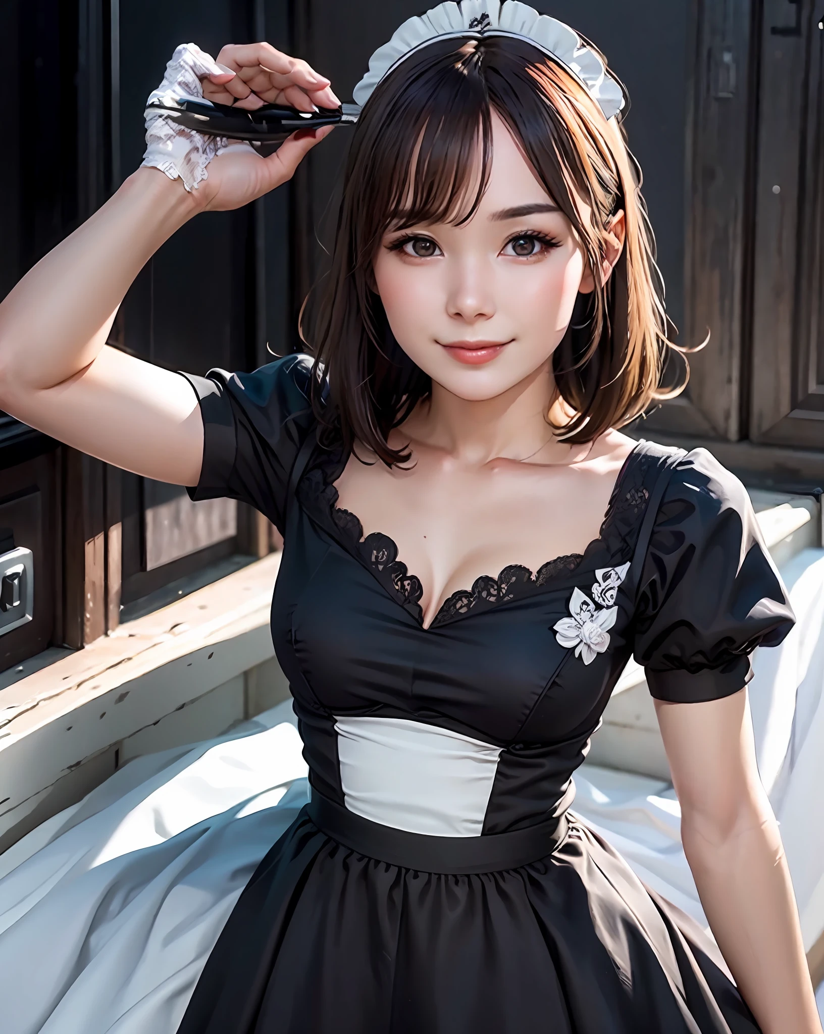 best quality, photorealistic, 8k, high res, 1girl, woman, (skindentation), (professional lighting), (portrait:0.6), (maid dress:1.897), gorgeous, ((brown hair)), (medium hair:1.6), (flowing hair:1.4), (1girl eyes looking at viewer:1), ((looking at viewer:1.6)), (1girl looking at the camera), photorealistic, (bokeh), (portait:0.6), (dynamic pose:1.2), masterpiece, intricate, realistic, sharp focus, award-winning photograph, sfw, (smile:1),