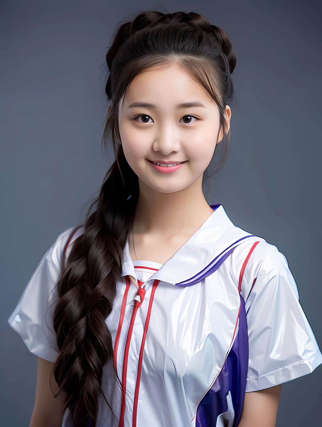 A 17-year-old female high school student，Wear a PVC color school uniform
