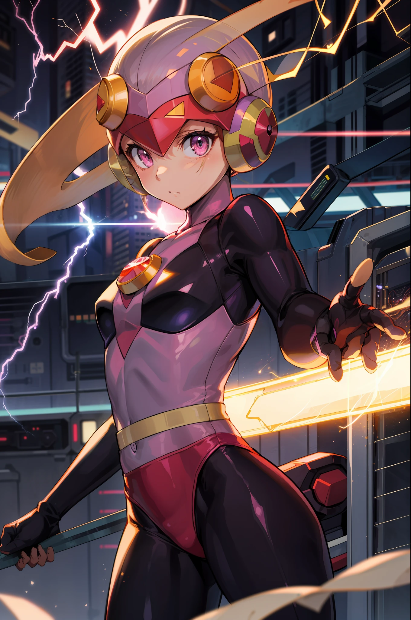 masutepiece,Best Quality,1girl in,roll_..exe_megamanbn,(helmets),Blonde hair,Long hair,Leotard,Pink eyes,Purple bodysuit,body suit,Eyes without light,Changed the main color of the costume from pink to purple,Tied to a machine,glowing circuit background,Black lightning strike