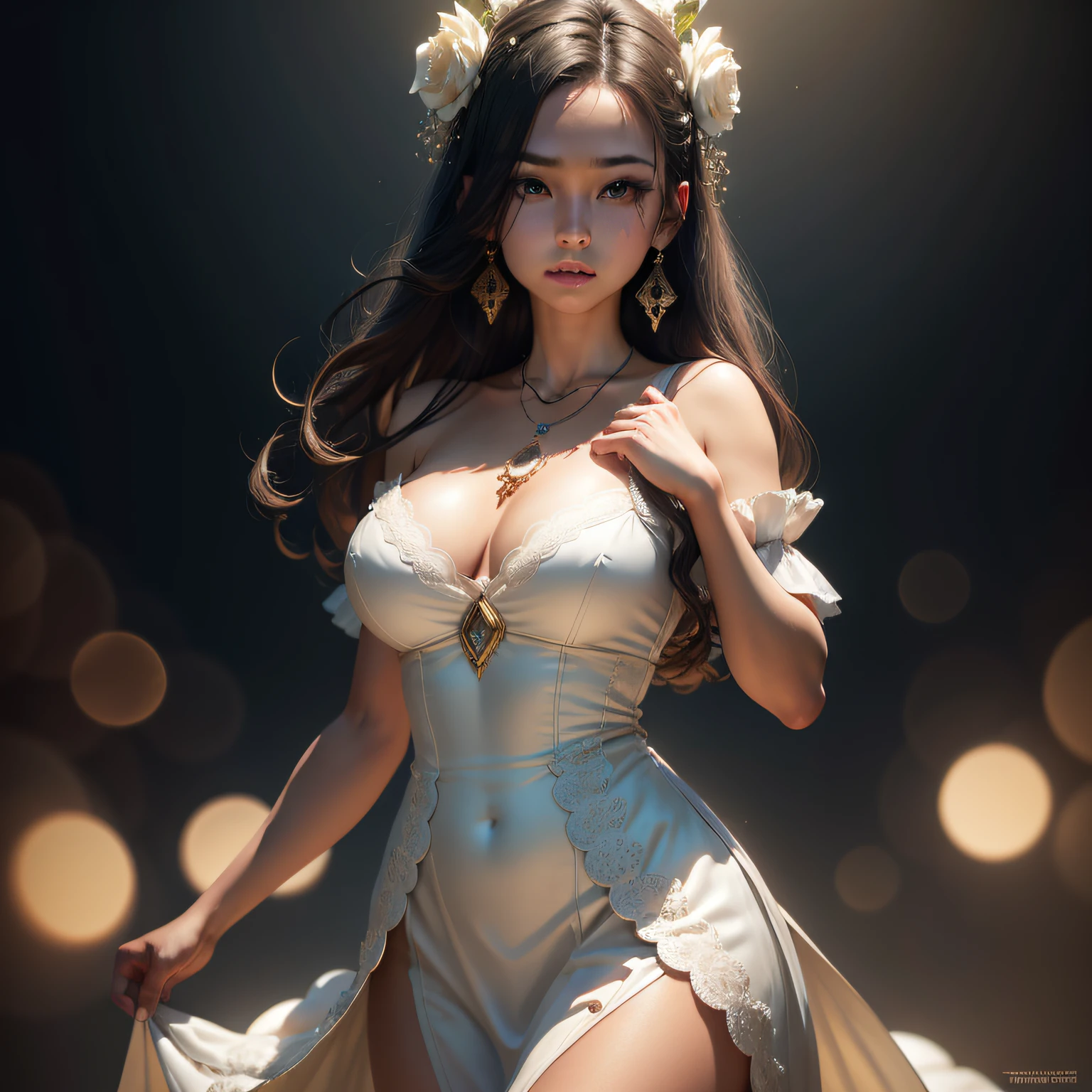 best quality, masterpiece, high resolution, 1girl,porcelain dress,hair ornament,necklace,jewelry,beautiful face,on top of body,tyndall effect,photorealistic,dark studio,rim lighting,two-tone lighting,(highly detailed skin:1.2),8k uhd, dslr, soft lighting, high quality, volumetric lighting, sincere, Photography, high resolution, 4k, 8k, Bokeh,