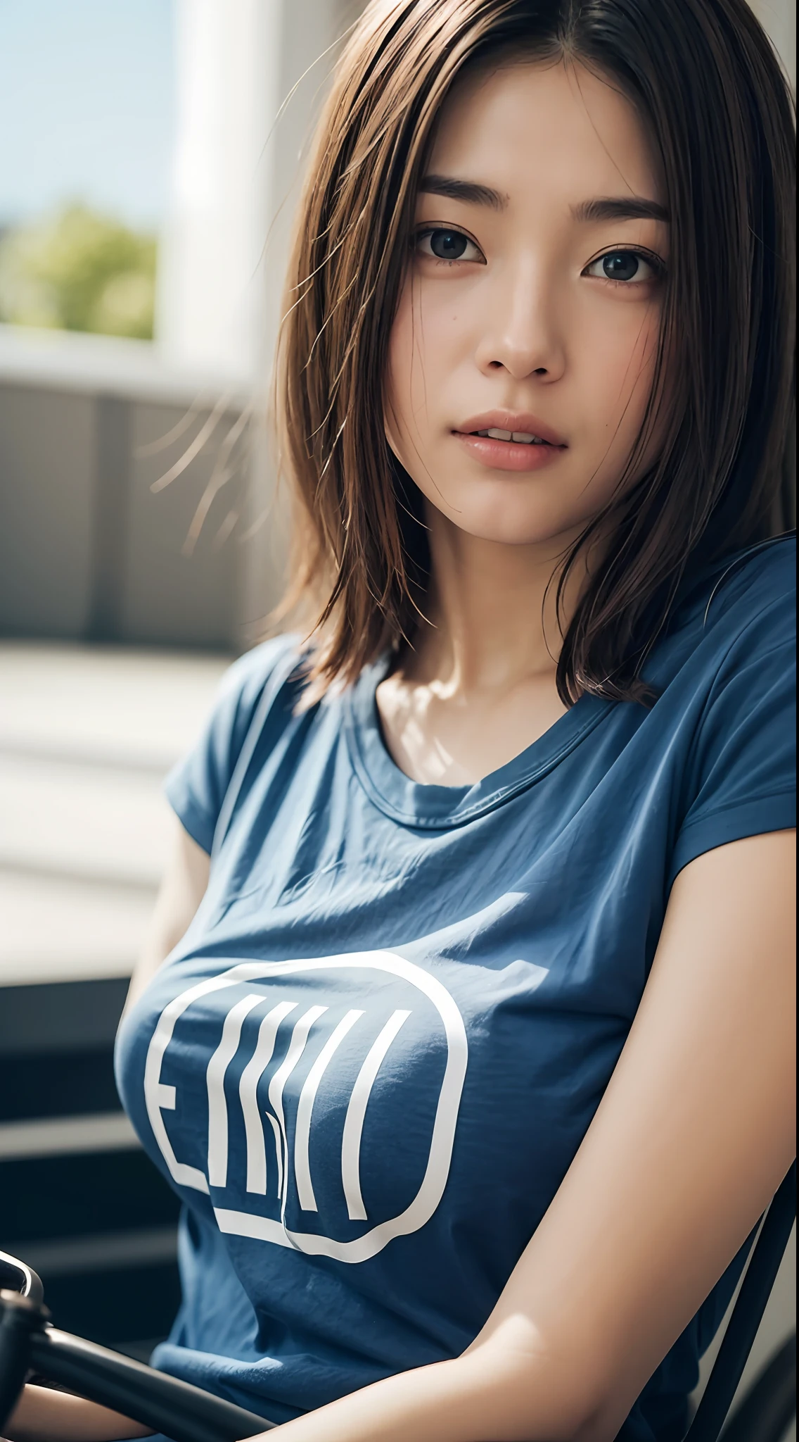 doress、(Photorealsitic:1.4)、(hyper realisitic:1.4)、(realisitic:1.3)、(Smooth lighting:1.05)、(Improved lighting quality in movies:0.9)、32K、1girl in、20 years girl、Realistic lighting、Back lighting、Facial light、raytrace、(brightened light:1.2)、(enhanced quality:1.4)、(Top quality real texture skins:1.4)、finely eye、finerly detailed face、Fine quality eye、(Tired, sleepy and satisfied:0.0)、 close up of face、tshirts、(enhance body line mood:1.1)、(Increase the beauty of skin texture:1.1)、((fukada kyoko))、bicycle