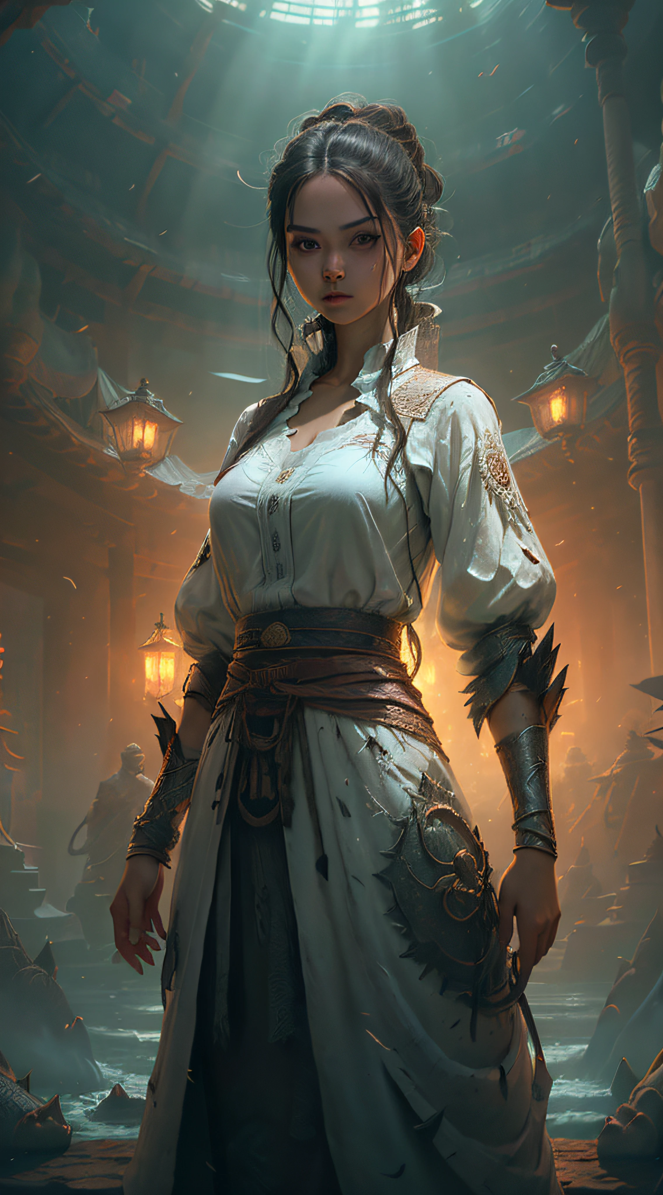 "((obra maestra))(The best lighting, alto contraste, oscuro, dramatic, Acabado fotorrealista),(mujer joven, flores en los ojos, vestido chino),(Tiburones), piezas, lagartos, tortugas, ratas. Luz Caravaggio"