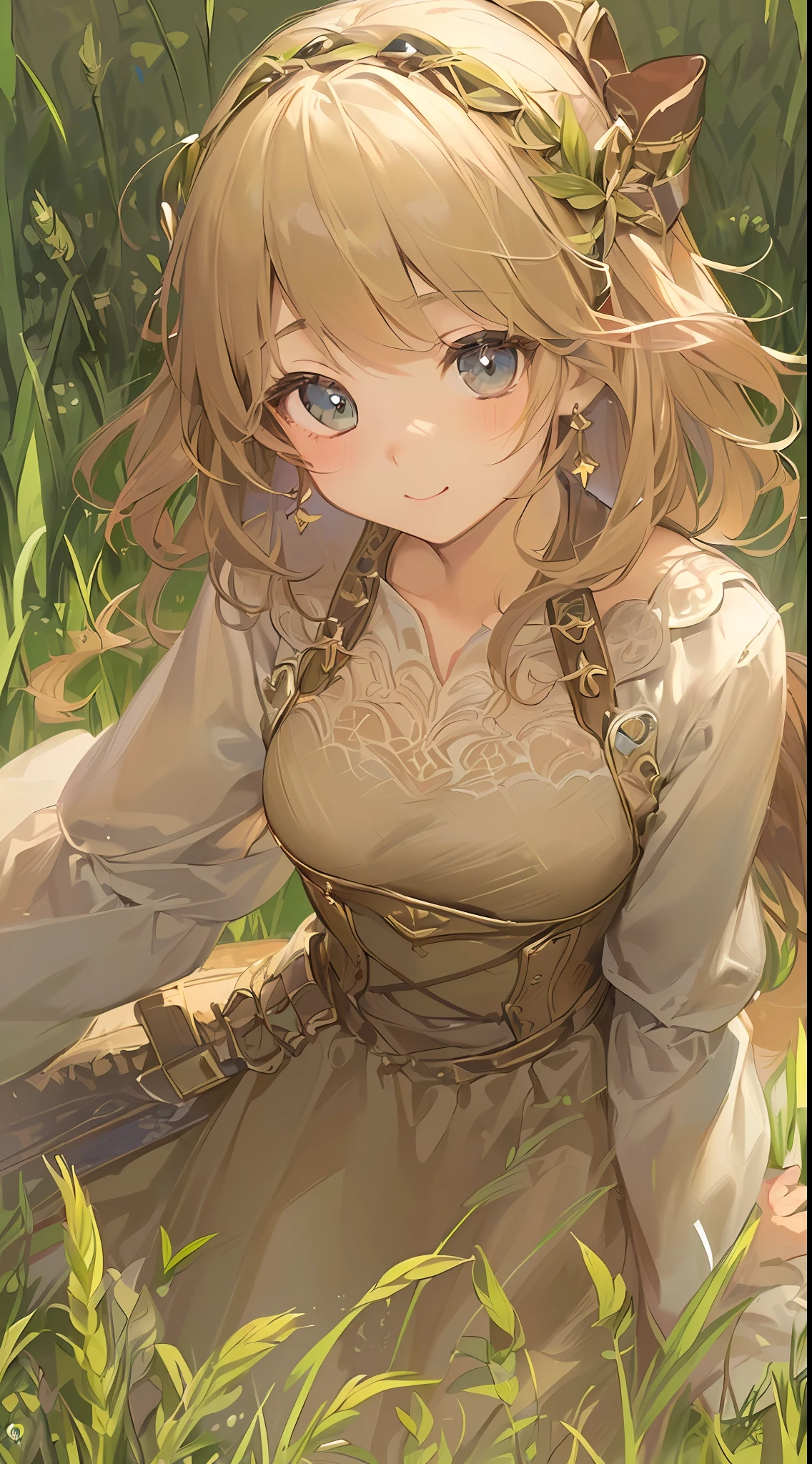 「(8k wallpaper:1.5)、(high-level image quality:1.3)、(animesque, illustratio:1.5)、(girl with、kawaii:1.8)、(beatiful detailed eyes:1.3)、(A slight smil:1.1)、(knights、grass field:1.5)、(sepia, gradients:1.5)」