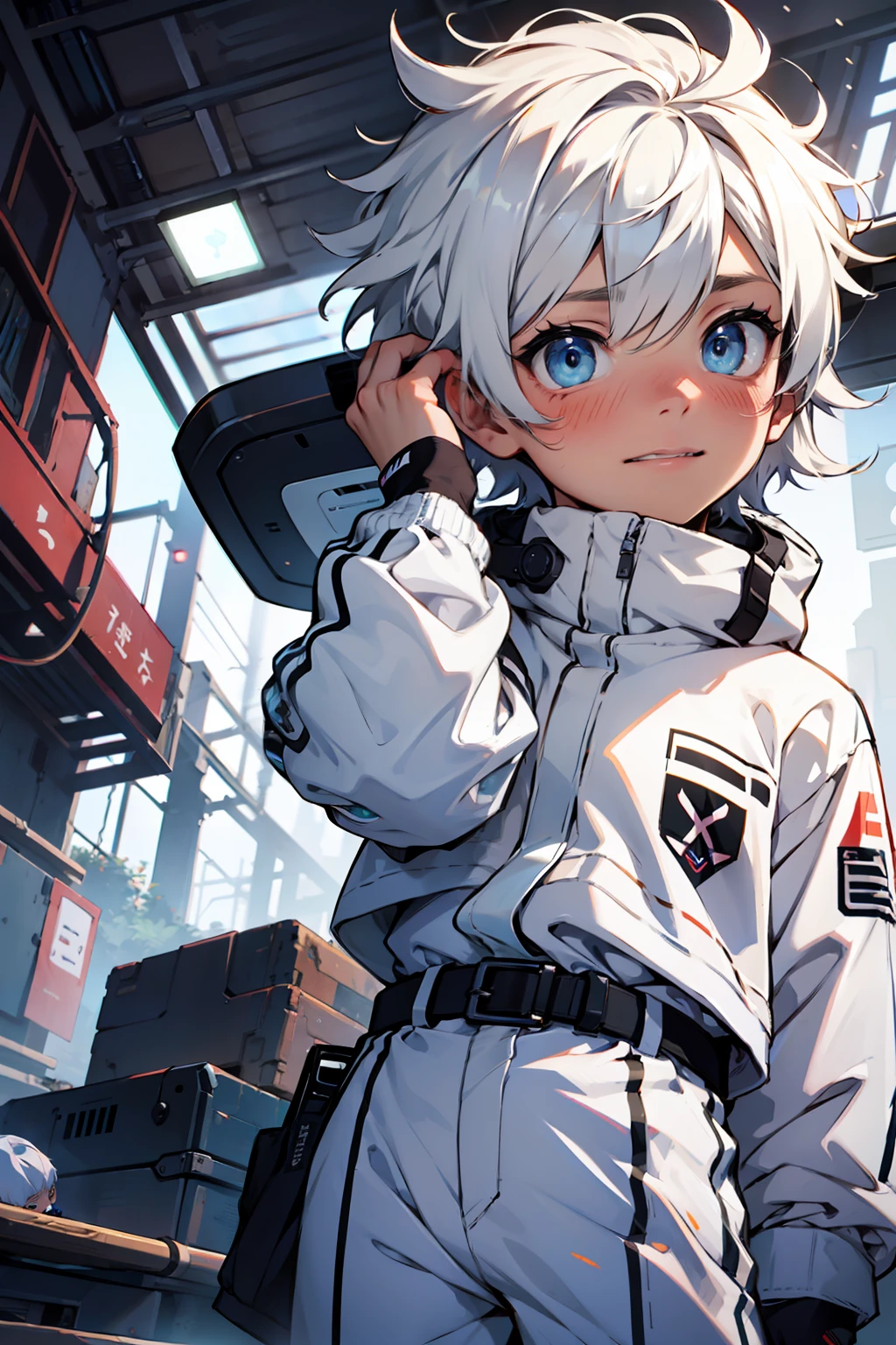 1 little boy, ???, android with a messy short white hair and blue eyes, futuristic white clothes, blushing, shy