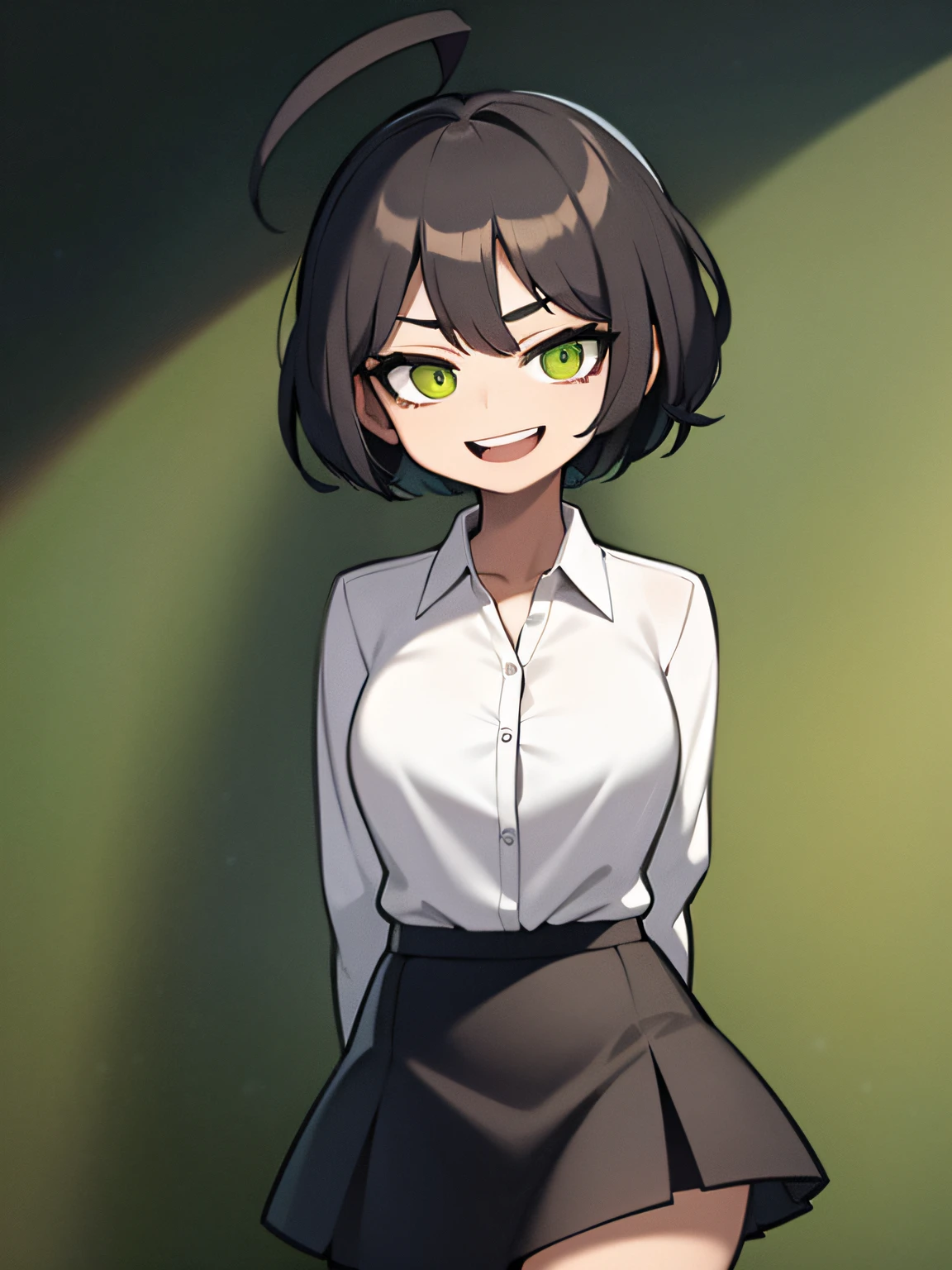 ((masterpiece, best quality)), (1girl), (solo), (female focus), (ahoge, black hair, short hair), green eyes, light smile, open mouth, ((white shirt), (buttoned shirt), (button gap)), ((black skirt), (short skirt)), standing, white background, arms behind back, dynamic angle