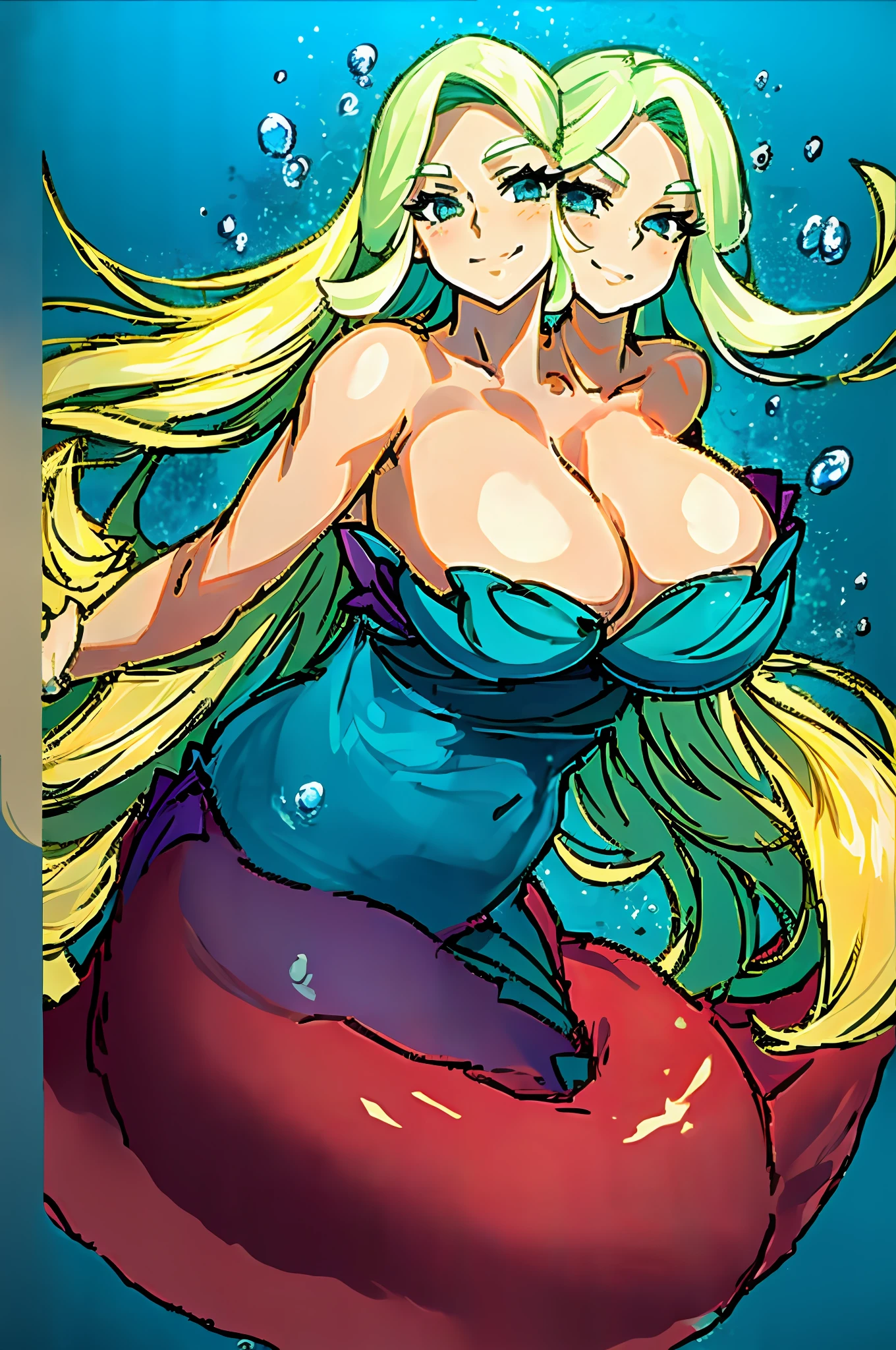 2heads, a mermaid with 2 heads. Massive breasts. Mermaid. Long flowing hair. Underwater. Gigantic breasts. Smiling. Motherly appearance. Giant breasts.