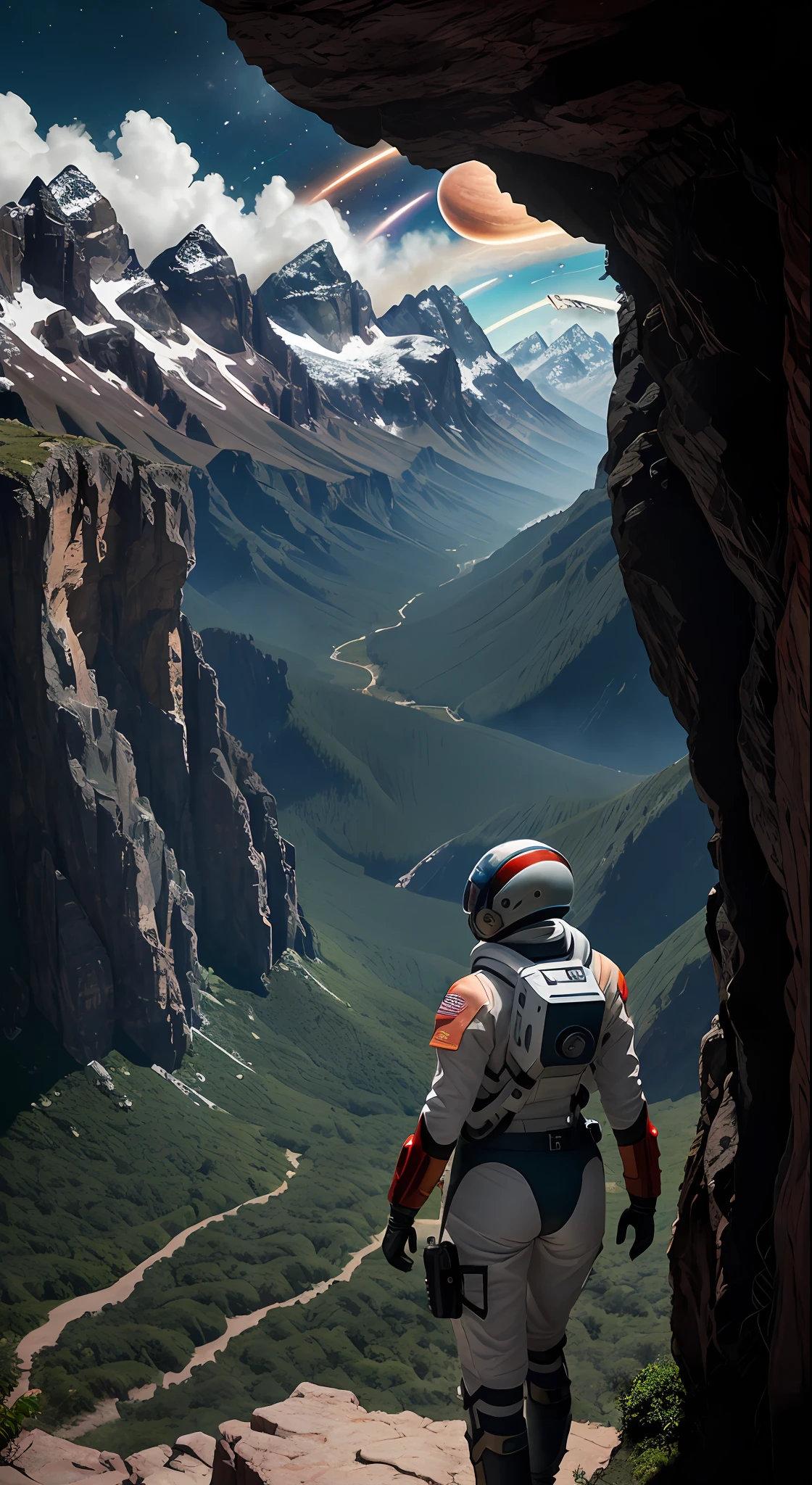(35mmstyle:1.2), Highly detailed RAW color Photo, rear angle, full bodyesbian, af (Female space marine, Wearing a white and red spacesuit, futuristic helmet, Tin plated mask, Rebreathers, accentuated booty), Outdoors, (Stand on the cliffs of the tall Rocky Mountains, Gaze out over the magical lush green rainforest on an alien planet), vivd details, (Exotic alien planet), Toned body, big assa, (Sci-fi), (Mountains:1.1), (lush green vegetation), (two moons in sky:0.8), (Highly detailed, ultra - detailed, Intricate), (Lens flare:0.7), (full bloom:0.7), particle fx, Ray traching, Cinematic lighting, Shallow depth of field, photographed on a Sony a9 II, 35mm wide angle lens, Sharp focus, 《Gravity 2013》cinematic Film still from, Watching from behind, Dynamic Angle