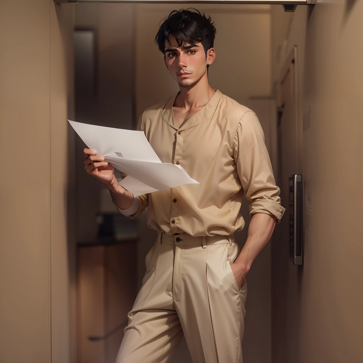 25-year-old man, short black hair, dressed in a beige blouse and beige pants, standing in a dark room holding a white envelope, fearful expression
