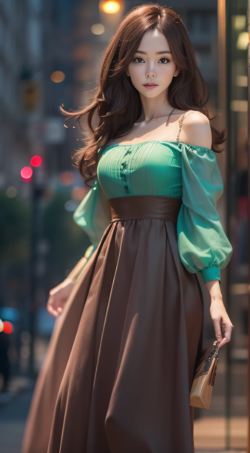 ((Realistic lighting, Best quality, 8K, Masterpiece: 1.3)), Focus: 1.2, 1girl, Perfect Body Beauty: 1.4, Slim Abs: 1.1, ((Dark Brown Hair)), (Aqua Dress: 1.4), (Outdoor, Night: 1.1), City Street, Super Fine Face, Fine Eyes, Double Eyelids,