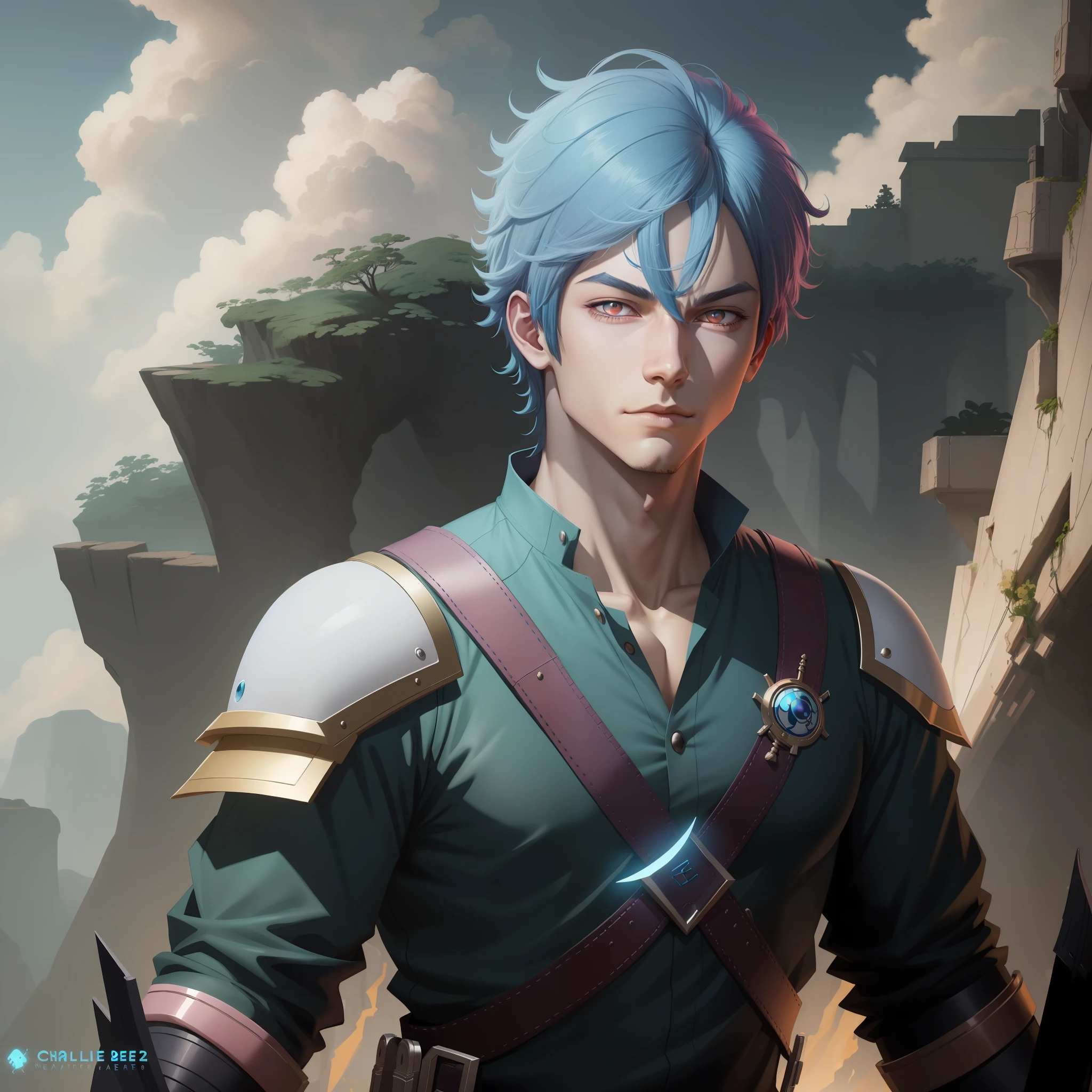 Blue hair and glare anime boy staring at the camera, NeoArtcore和Charlie Bowater（charlie bowater）, rossdraws portrait, Guviz-style artwork, lois van baarle and rossdraws, Rosla 1. 0, Beeple and Jeremiah Ketner, stunning digital illustration, Detailed portrait of an anime boy, rossdraws 2. 0