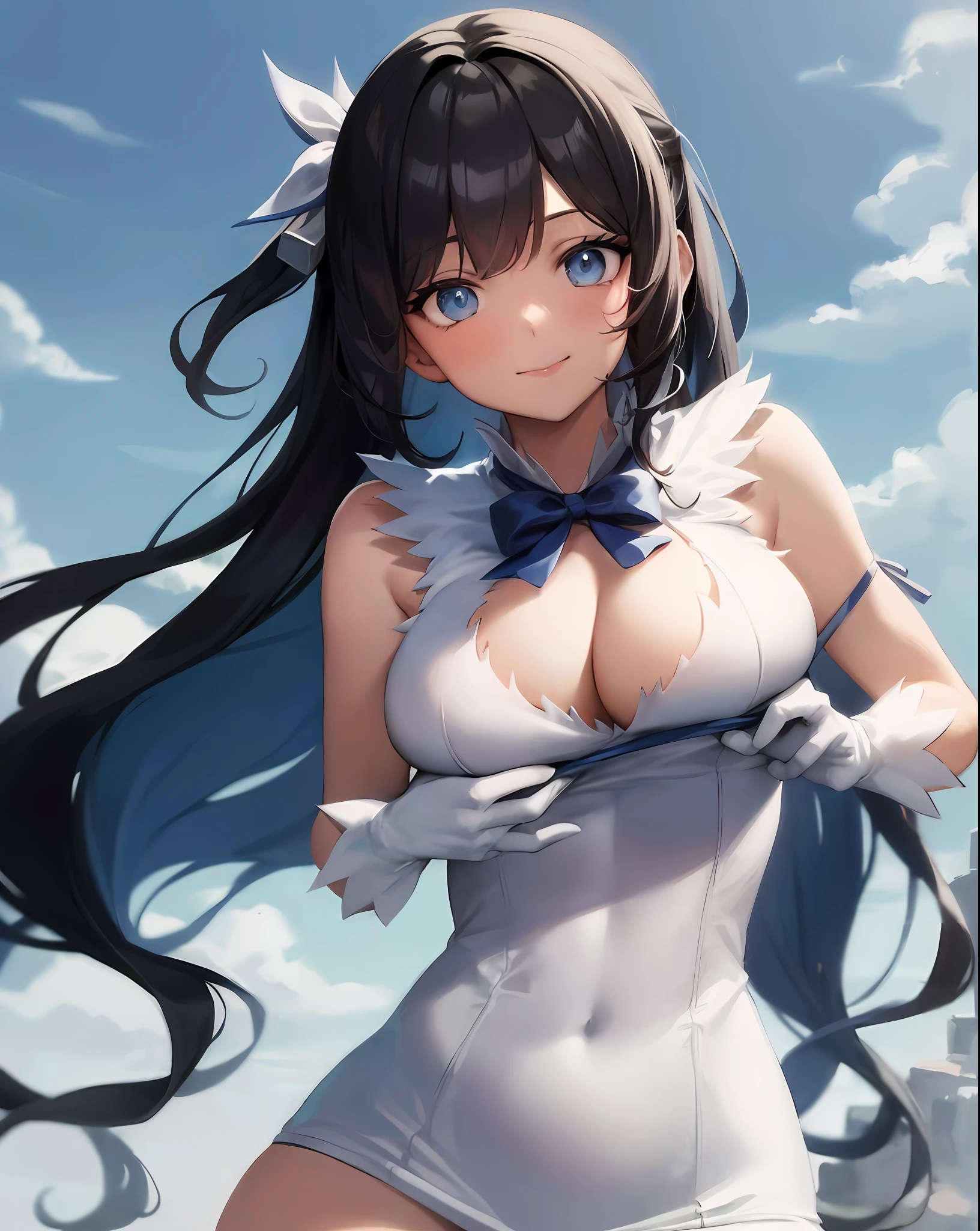 masterpiece, best quality, long eyelashes, eyeliner, eyeshadow, mascara, colorful, pink lips, deep skin, looking at viewer, upper body, curvy, hestia (danmachi), 1girl, breasts, solo, long hair, blue ribbon, twintails, gloves, ribbon, dress, rei no himo, large breasts, blue eyes, black hair, white gloves, cleavage, white dress, looking at viewer, light smile, closed mouth, hair ribbon, bow, sleeveless, sleeveless dress, bangs, blush, cleavage cutout, hair ornament, bowtie, clothing cutout, very long hair, covered navel, arm ribbon, shiny skin, outdoors, grassy fields, blue sky, cloudy sky, tight, taut dress, breast focus, upper body, (masterpiece:1.47746), (highly_detailed:1.05), (highres:1.05), ultra detailed, 100-layers, extremely detailed, intricate, absurdres, small details, ultra detailed, detailed eyes, (intricate details, volumetric lighting, cinematic lighting, award-winning, macro vivid colors, rule of thirds, majestic, detailed, elegant), colorful, realistic lighting, hands behind back