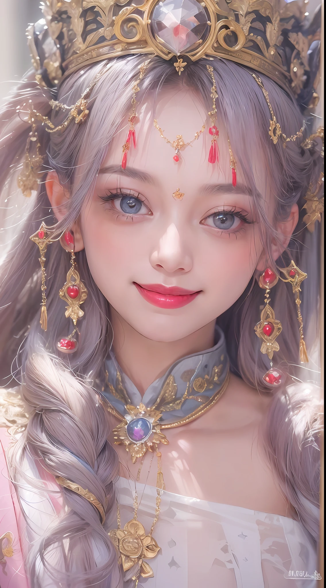 portrait of a beautiful 20 year old holy woman, wearing a thin multicolored silk dress, beautiful face without blemishes, (((beautiful smile:1.5)), ((7-color hair length:1.2)), big crown, hair brooch, hanfu dress, chinese ancient style, full body jewelry, forehead tattoo, super even chest, face, red lips, delicate pink and white eyes (white and detailed) cinematic, light and dark, dramatic lighting, magical light, extremely detailed light, true color, super sharp, realistic, 8k quality, fantasy universe background, saints and magical space, the most detailed images,