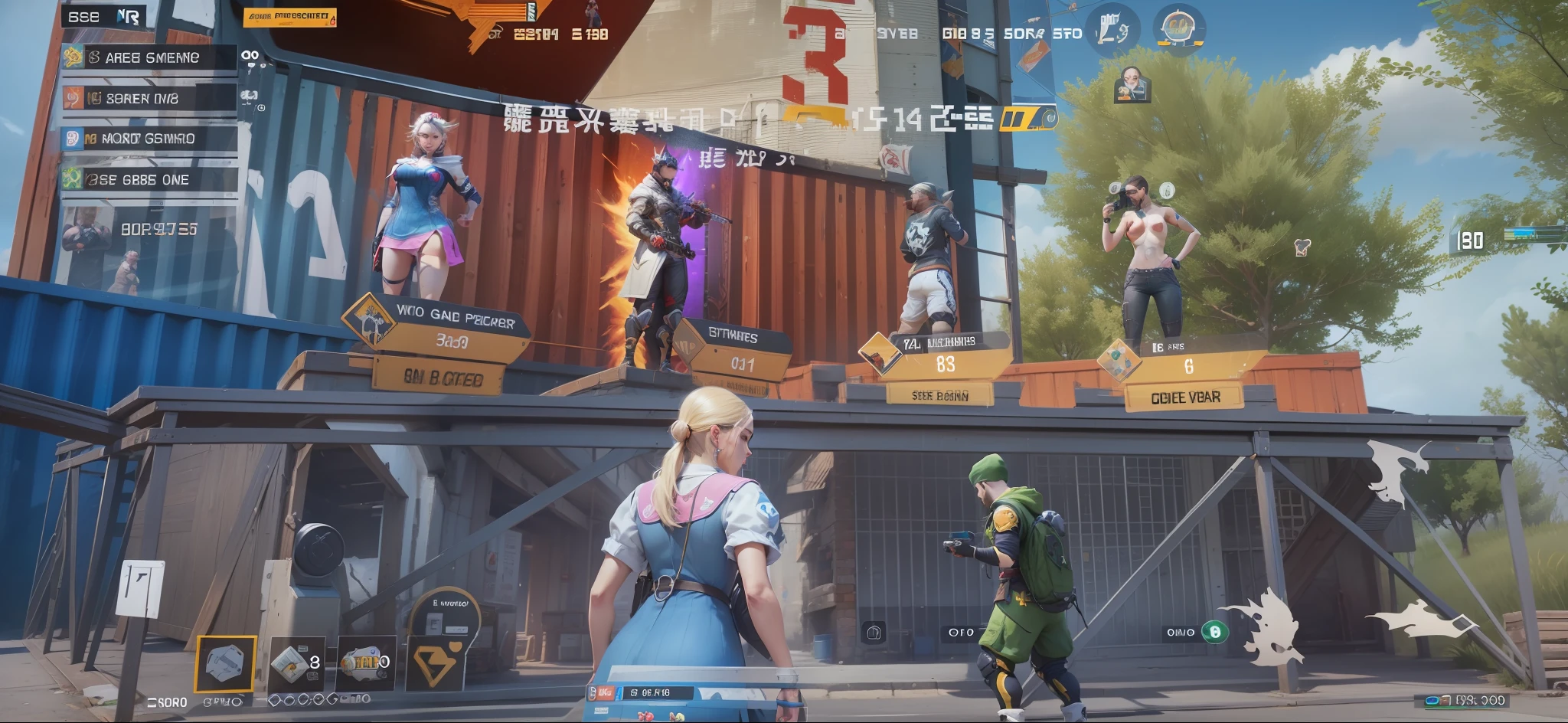 In the video game there are two people standing on the platform, in - game, in-game, in game, mobile game, gameplay screenshot with ui, gameplay, mobile game style, game screenshot, game footage, nipple play, ingame image, 8K)), game screenshot, video game screenshot>, For AAA games, fps game