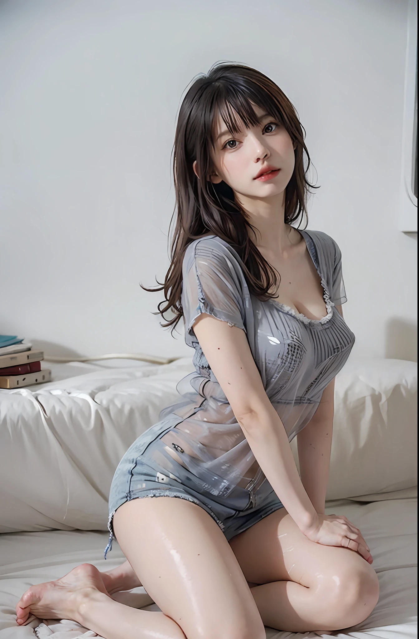 (top-quality,8K,tmasterpiece:1.3)),sharp:1.2,Perfect body beauty:1.4,Bigchest,((((((Layered Hair Style,Medium breathing:1.2)),Highly Detailed Face and Skin Textur,Detailed eyes,二重まぶた,(does not wear panties,no brassiere),(legs are open:1.3),Visible nipple,wetclothes,Wet skin,Wet clothes,The areola is exposed, Visible nipple,A pasty white liquid is splashed on the body,pubic shape clearly visible,bends his knees,Spread your legs,revealing breasts,Expose the ,see-through transparent clothes,No clothes,nakeness,extremely large bosom,Beautiful