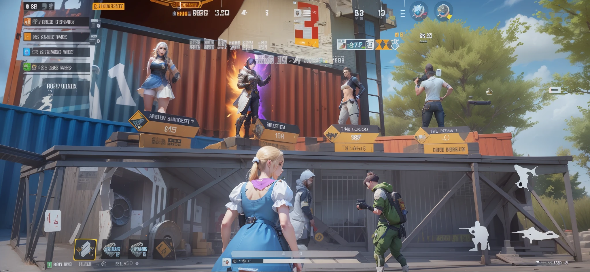 In the video game there are two people standing on the platform, in - game, in-game, in game, mobile game, gameplay screenshot with ui, gameplay, mobile game style, game screenshot, game footage, nipple play, ingame image, 8K)), game screenshot, video game screenshot>, For AAA games, fps game
