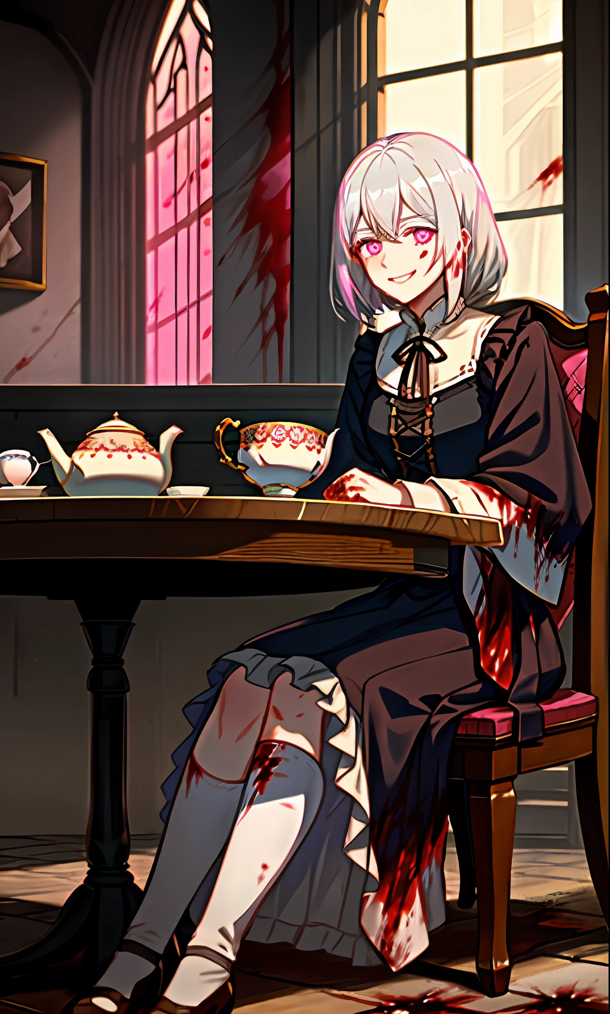 Miss Silverhair,Sit in a chair and soak up the sun,There is love in the pink eyes,On the table in front of him were a cup of tea and a discarded teacup,With a hint of a smile on his face,There was a little blood on the ground,On the ground lay a bloodstained knife