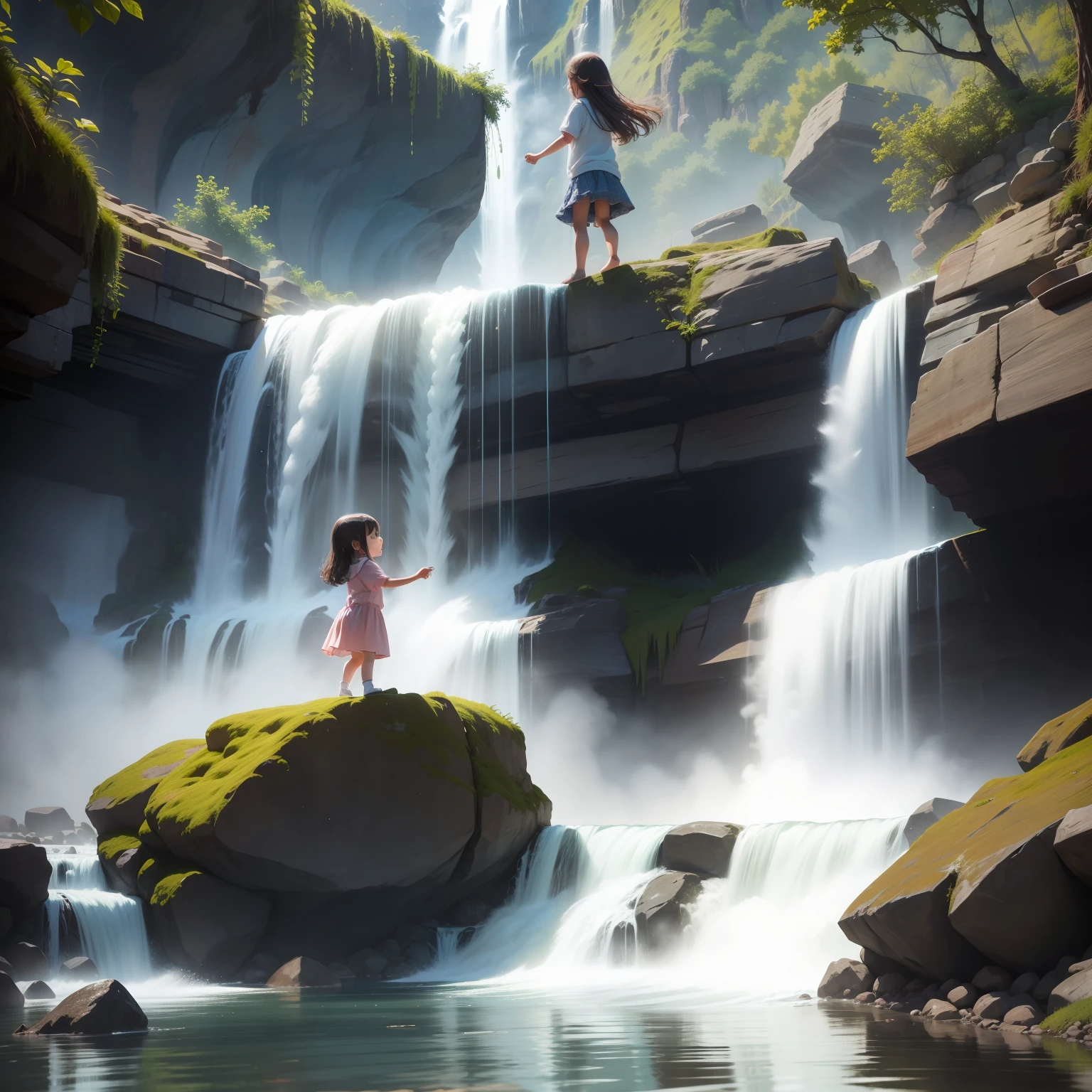 Cute little girl playing in waterfall