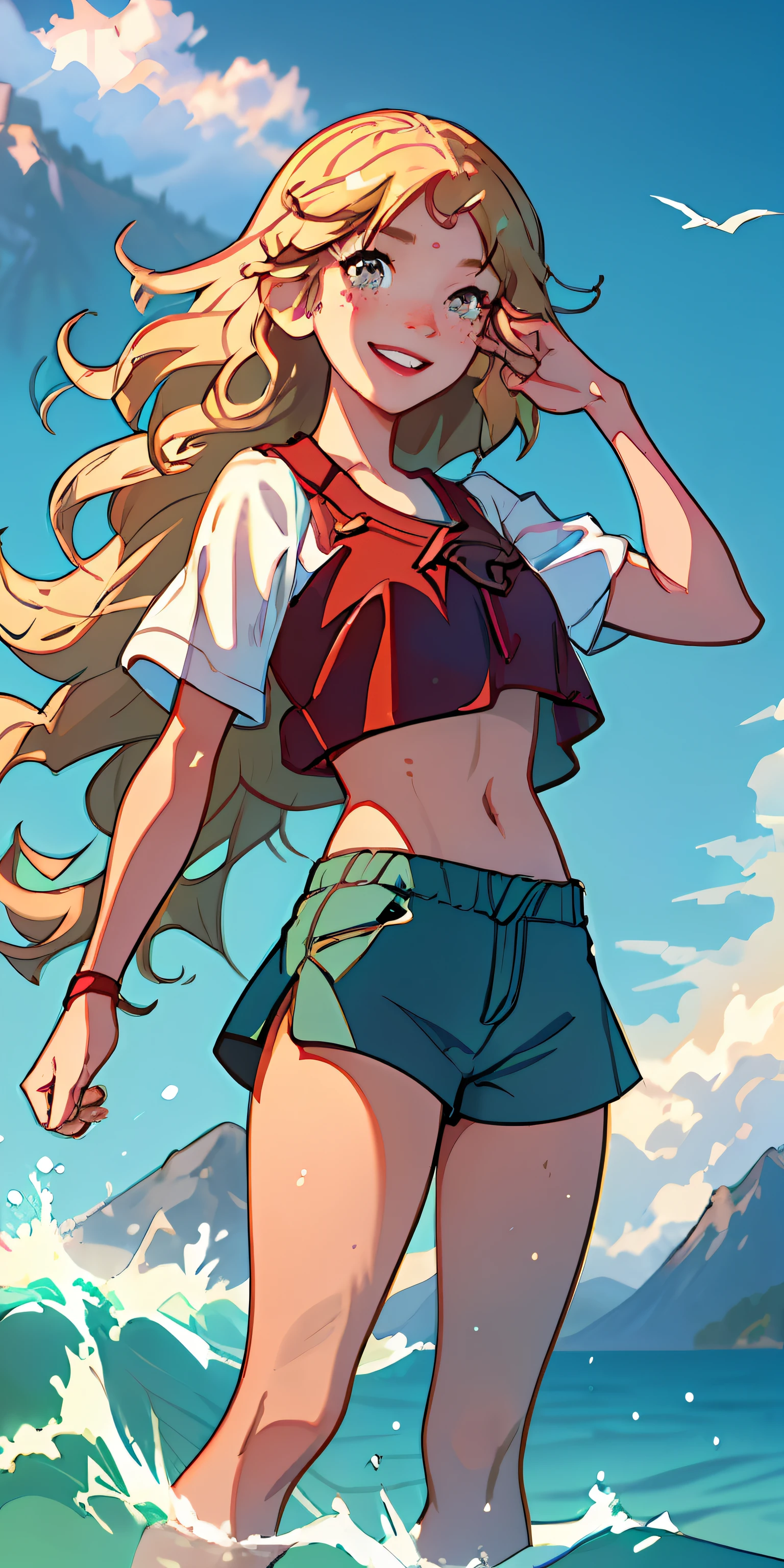 (best quality, masterpiece), 1girl, paw pose, smile, laughing, ocean, crop top, shorts, blonde, freckles, blush, looking at viewer, wavy hair, cloud, splashing, waves, sun, mountain, wet