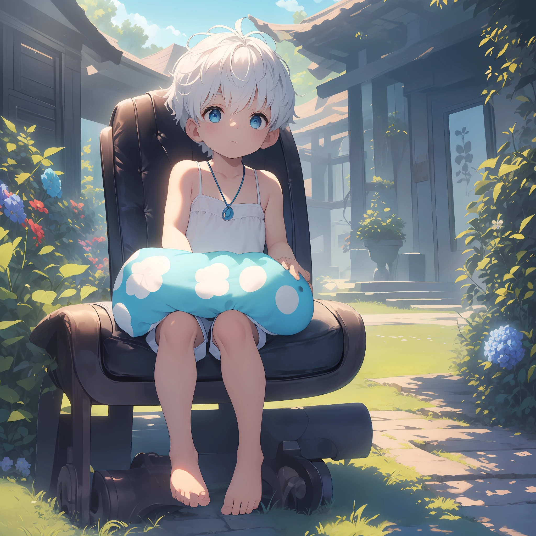 4K), with white hair and barefoot and white clothes small tiny feet, He sits on a giant pillow on a field, which is covered with blue roses, und betet, Nebel Licht, Impressionismus, 2D, (Dornen: 1.1), (toter Baum: 1.1) Focused on feet,