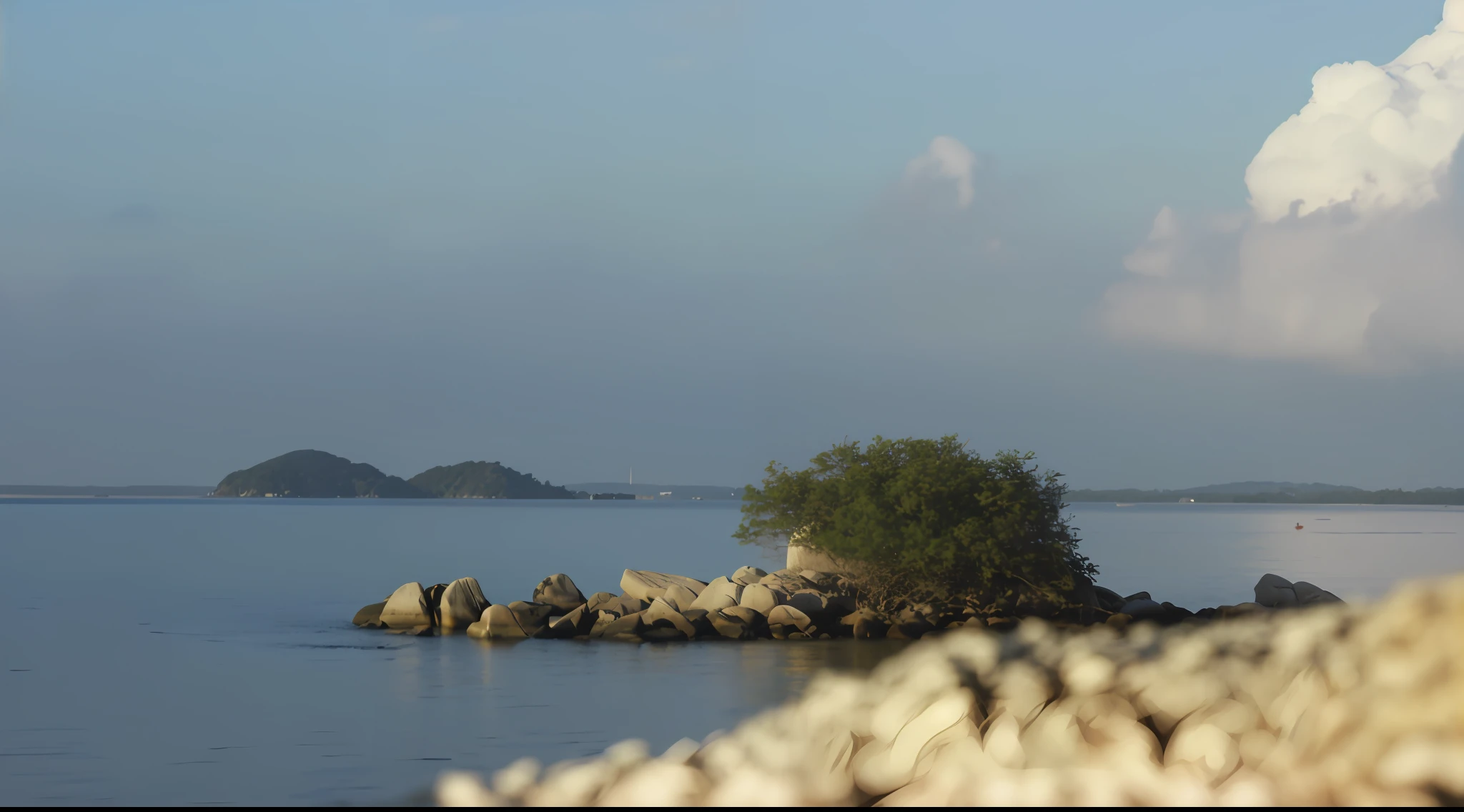 there is a small island with a tree on it in the middle of the water, island in the background, island landscape, in the distance is a rocky hill, near a jetty, an island, from afar, shot on nikon d 3 2 0 0, shot from far away, islands on horizon, temple in the distance, two medium sized islands, many islands