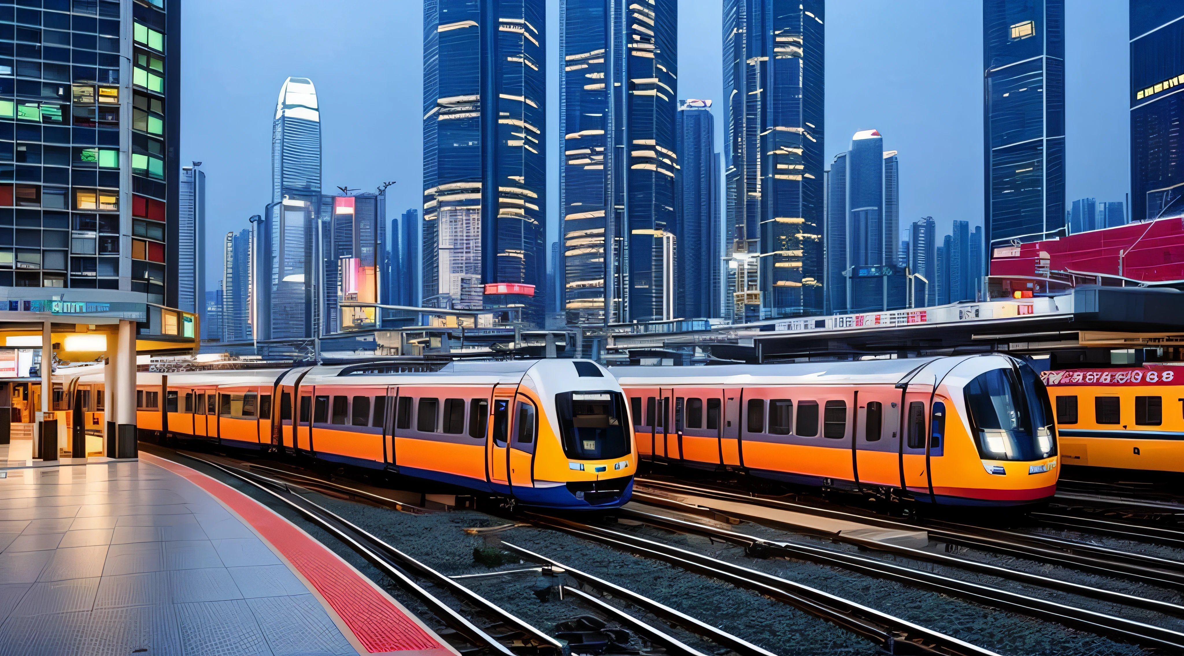 Modern metro station,On the ground,The train is pouring into the station,It is surrounded by high-rise buildings,nighttime scene,hong kong --auto