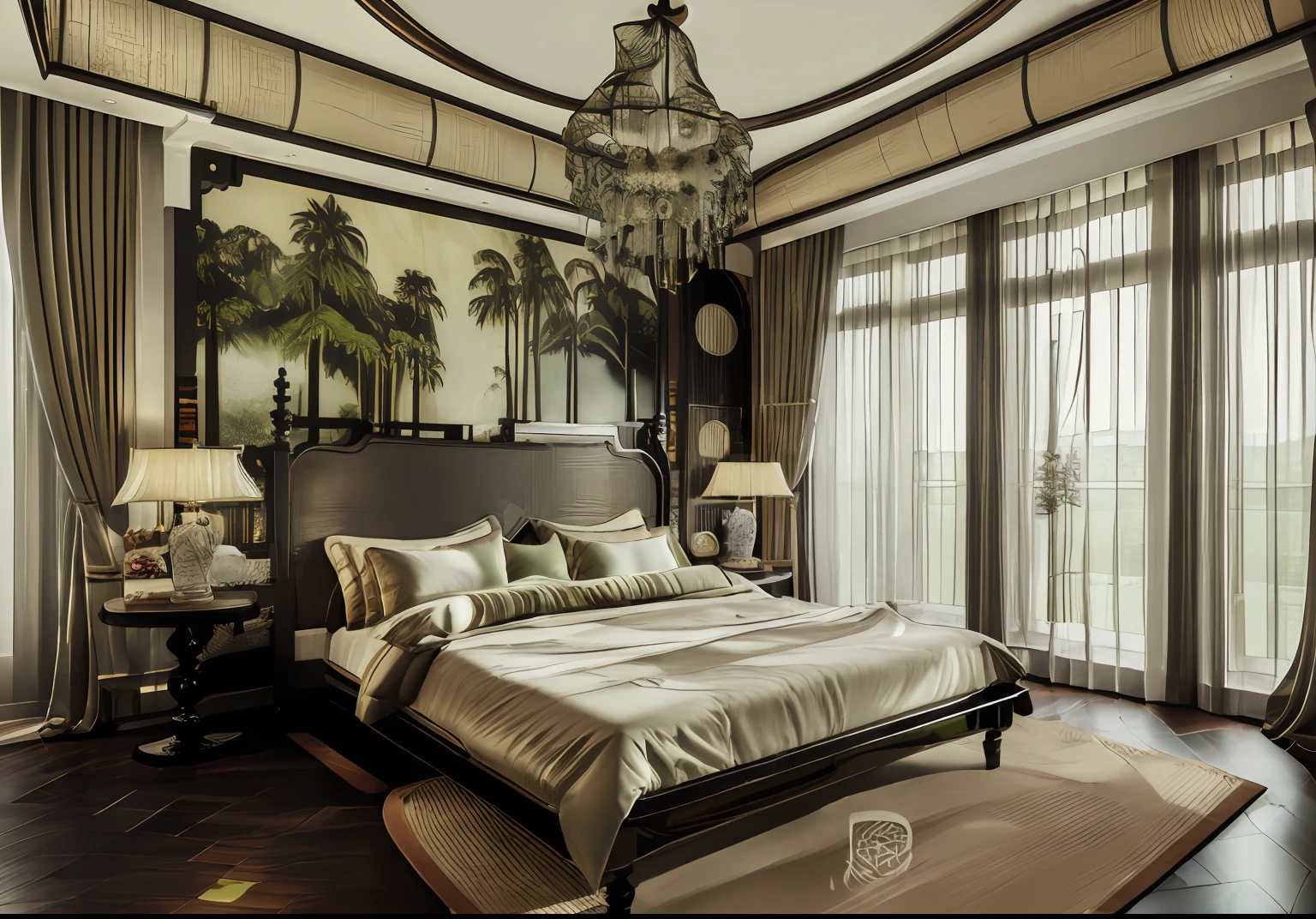((masterpiece,best quality,highres,sharp forcus)) (((detail forcus))) , (bedroom in style of Indochina style ) window and curtain ,glossy black wooden furniture,
