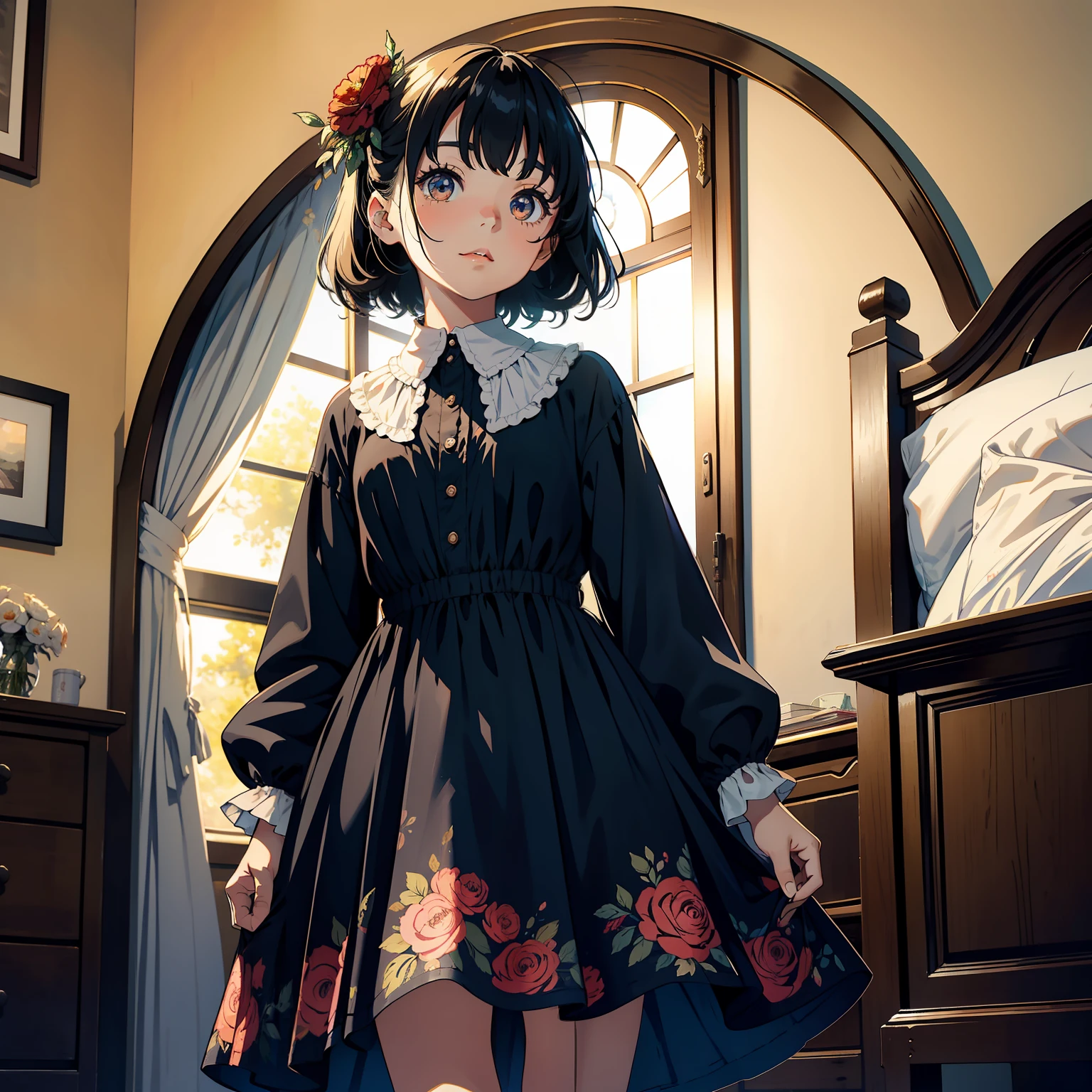 1 17 year old girl,big bright eyes,ccurateblack hair,Wearing a floral dress,Stand in front of the bed