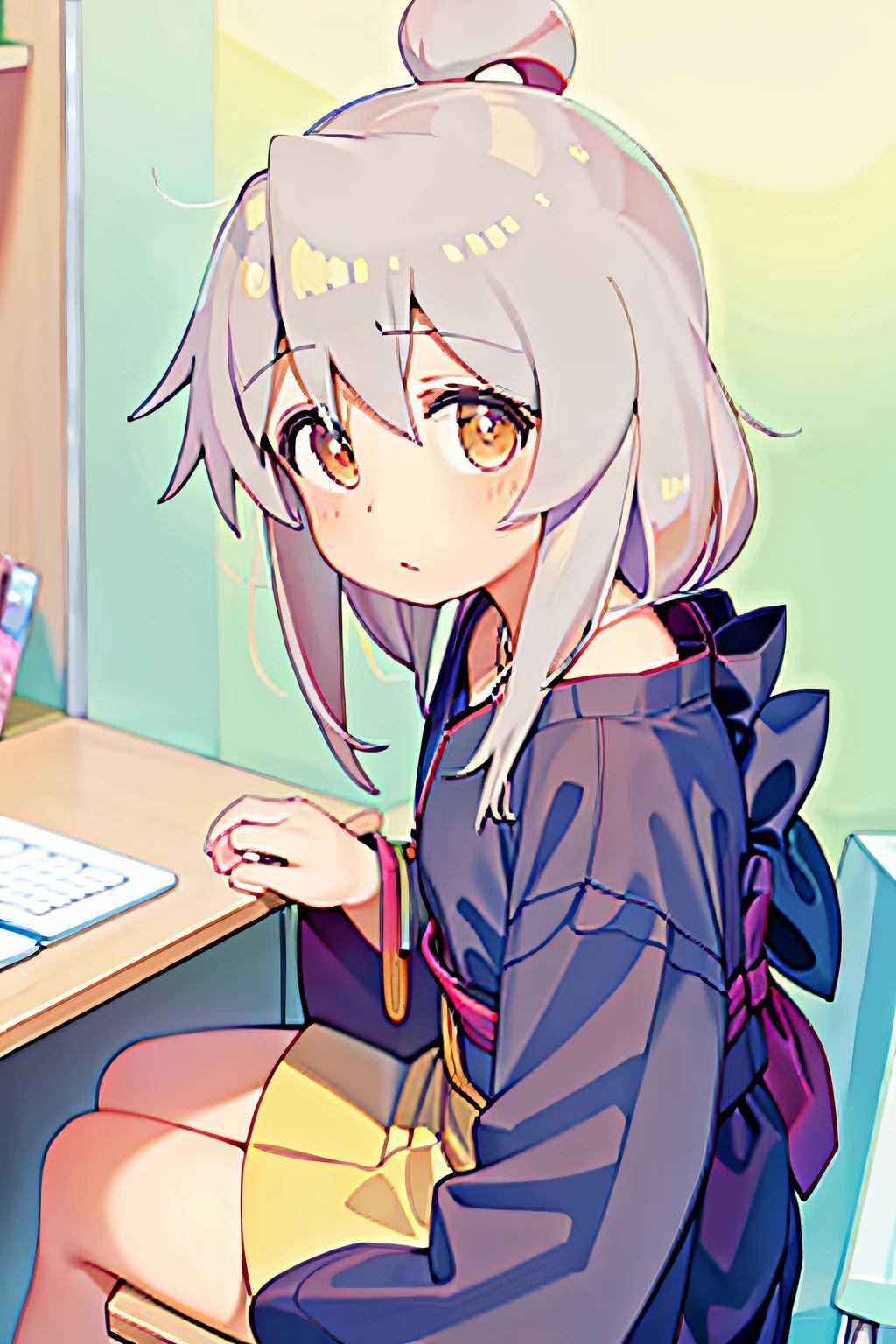 Anime girl sitting at desk，There is a laptop in front of you, anime visual of a cute girl, Anime moe art style, Cute anime girl, up of young anime girl, Beautiful Anime High School Girls, (Anime girl), Soft anime illustration, pretty anime girl, Kawaii realistic portrait, An anime girl, cute anime girl portraits, Cute anime girl portrait, cute kawaii girls，Yukata-style clothing，Bath clothes