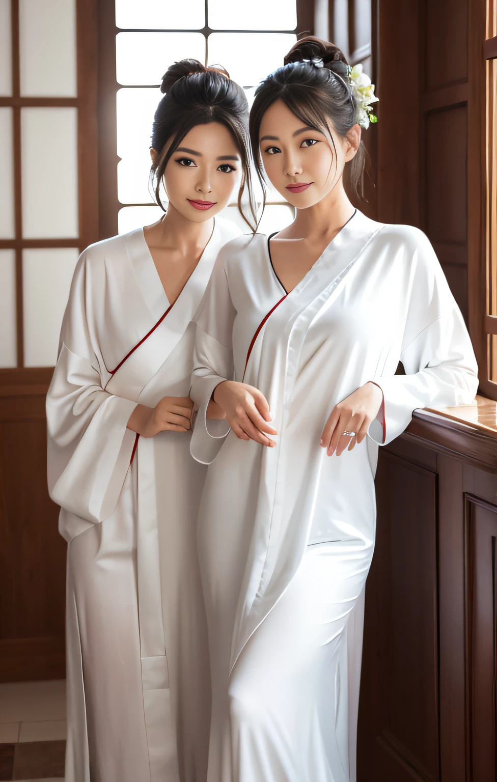 Two women in white dresses stood side by side, dressed in simple robes, Bigchest,sleek robes, Silk robes, wearing white silk robe, flowing white robe, White robes, wears a long robe, dressed in simple robes, Robes, wearing long white togas, flowing robe, flowing white robe, Wearing a luxurious silk robe, Flowing robes, White Hanfu, classical robes