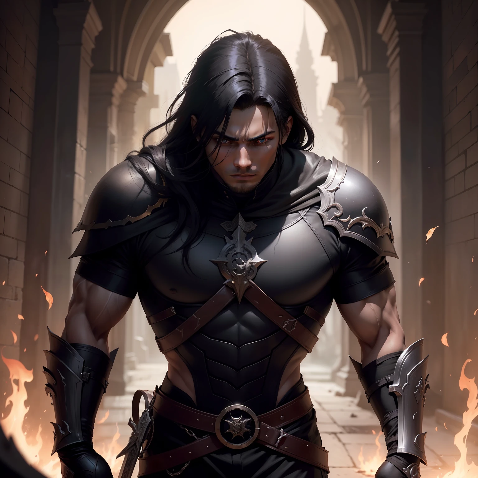 "A mysterious, dark young man, com cabelos negros desgrenhados e olhos vermelhos intensos, who carries a cursed sword that consumes the soul of any demon he defeats, but it risks losing its own humanity.