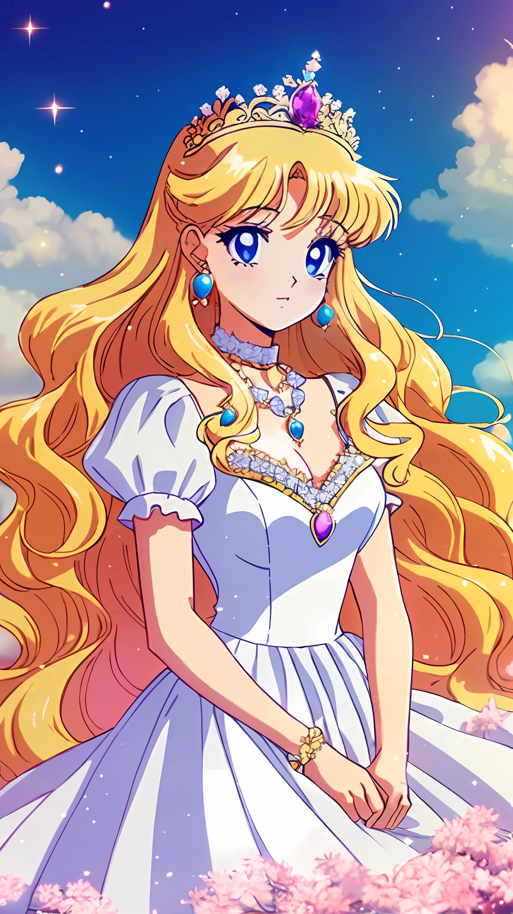 1 Princess，Thick blonde curls，(Gorgeous white dress、tiara crown、jewelry)，pretty eyes，Blush，pastelcolor，Retro anime，1990s anime，tmasterpiece，Best quality