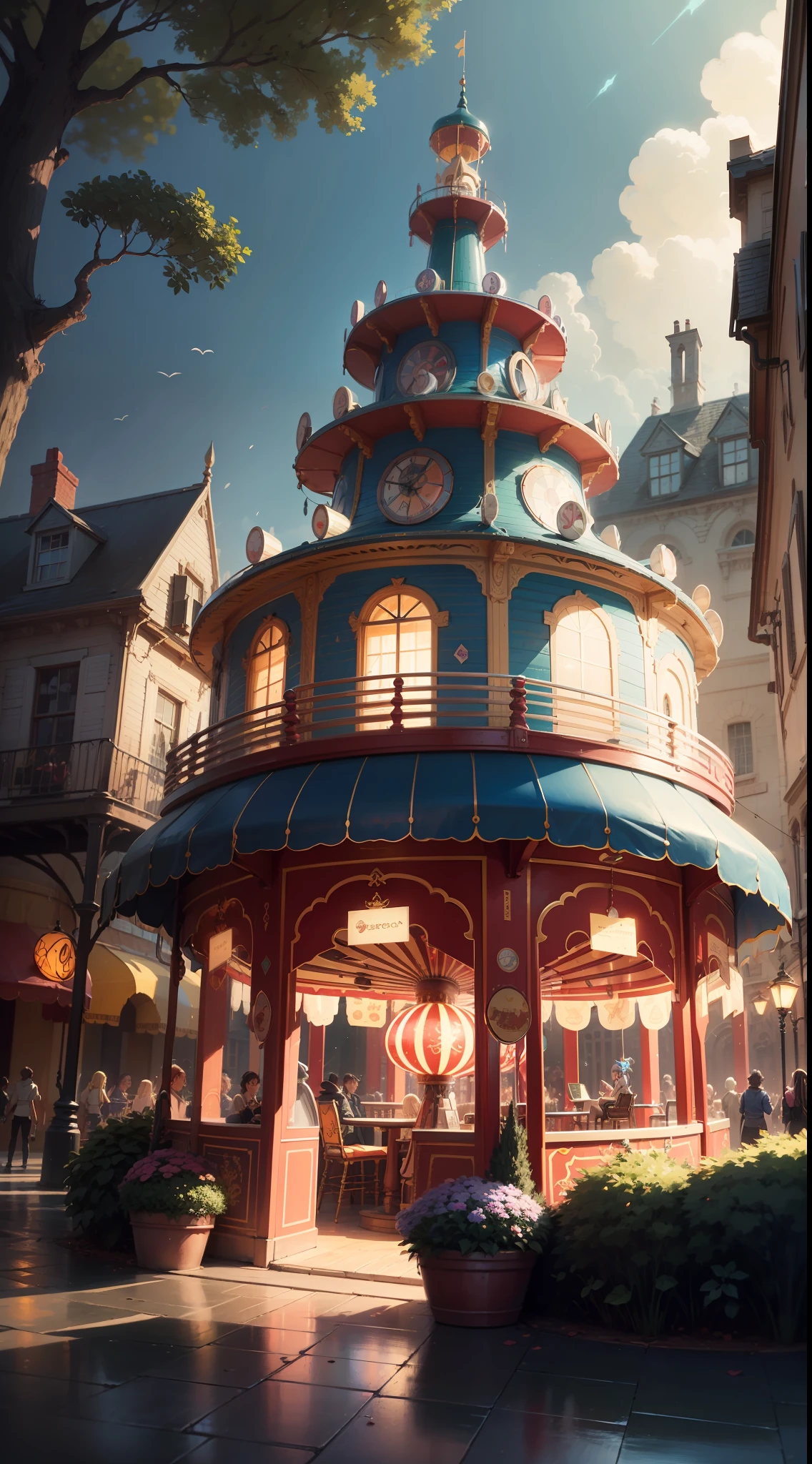 Generate a scene, playground, ferris wheel, bunting, carousel, anime background art, fairy tale style background, park background, fantasy illustration, fantasy scene, anime background, colorful animation movie background, magic dreamy atmosphere, carnival background, fantasy atmosphere, magical fairy background, !dream concept art, detailed scenery — width 672, background art --auto