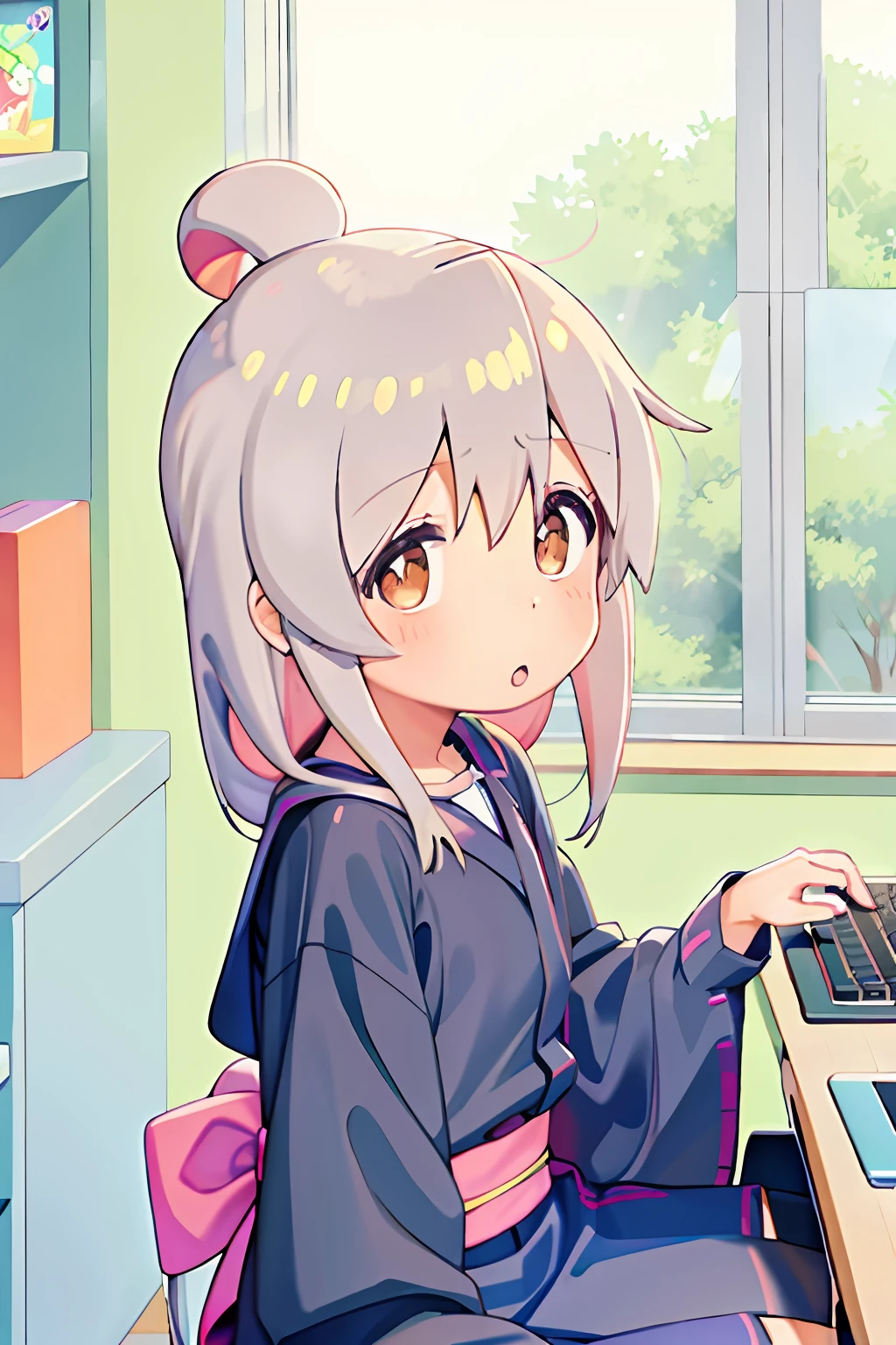 Anime girl sitting at desk，There is a laptop in front of you, anime visual of a cute girl, Anime moe art style, Cute anime girl, up of young anime girl, Beautiful Anime High School Girls, (Anime girl), Soft anime illustration, pretty anime girl, Kawaii realistic portrait, An anime girl, cute anime girl portraits, Cute anime girl portrait, cute kawaii girls，Yukata-style clothing，Bath clothes