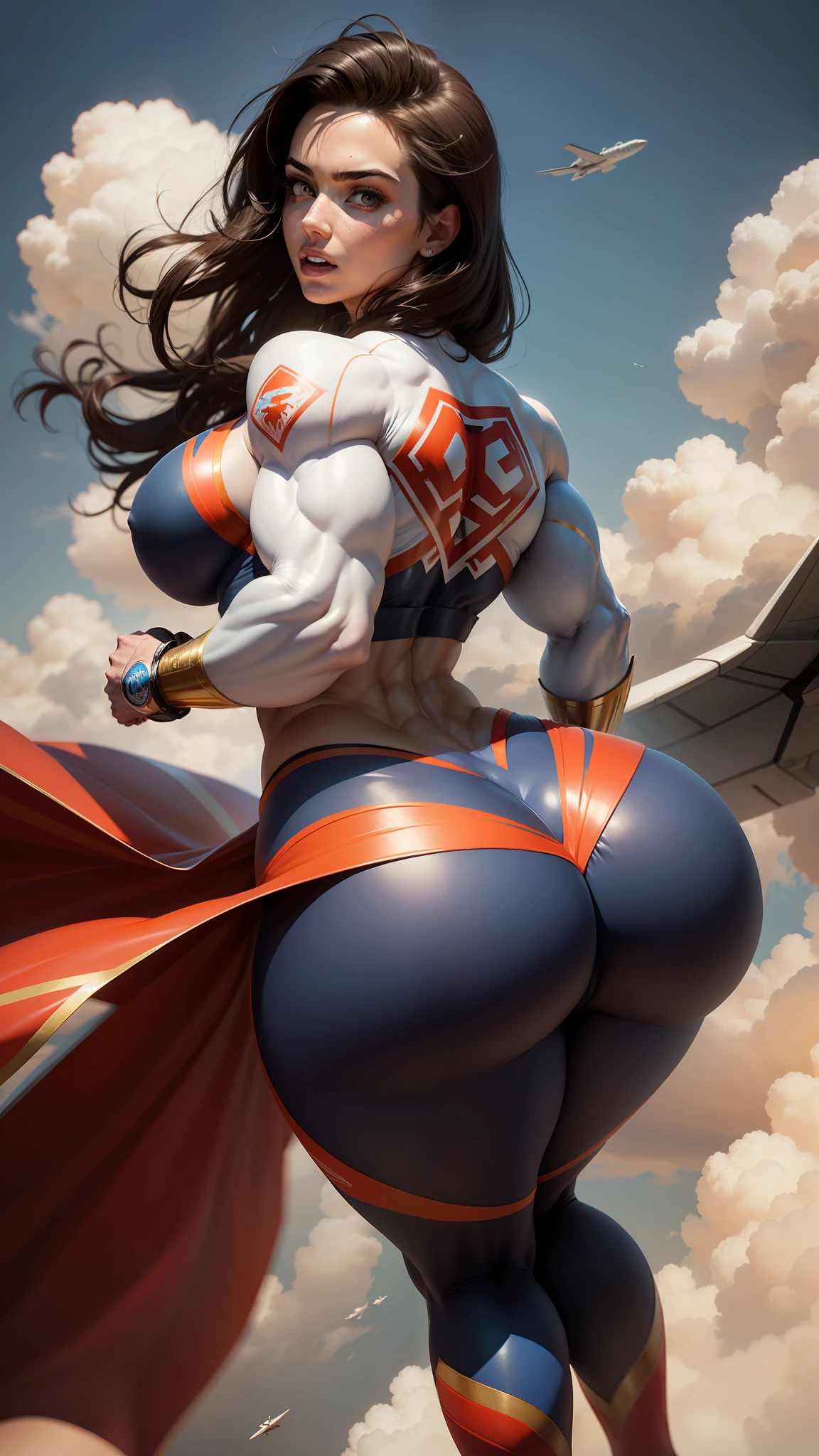 Superwoman, female bodybuilder, huge breasts, large butt, strong biceps, strong abs, hyper muscular, heroine suit, Amouranth holding the viewer, Amouranth, zoom out, flying miles above the ground, sky and clouds background