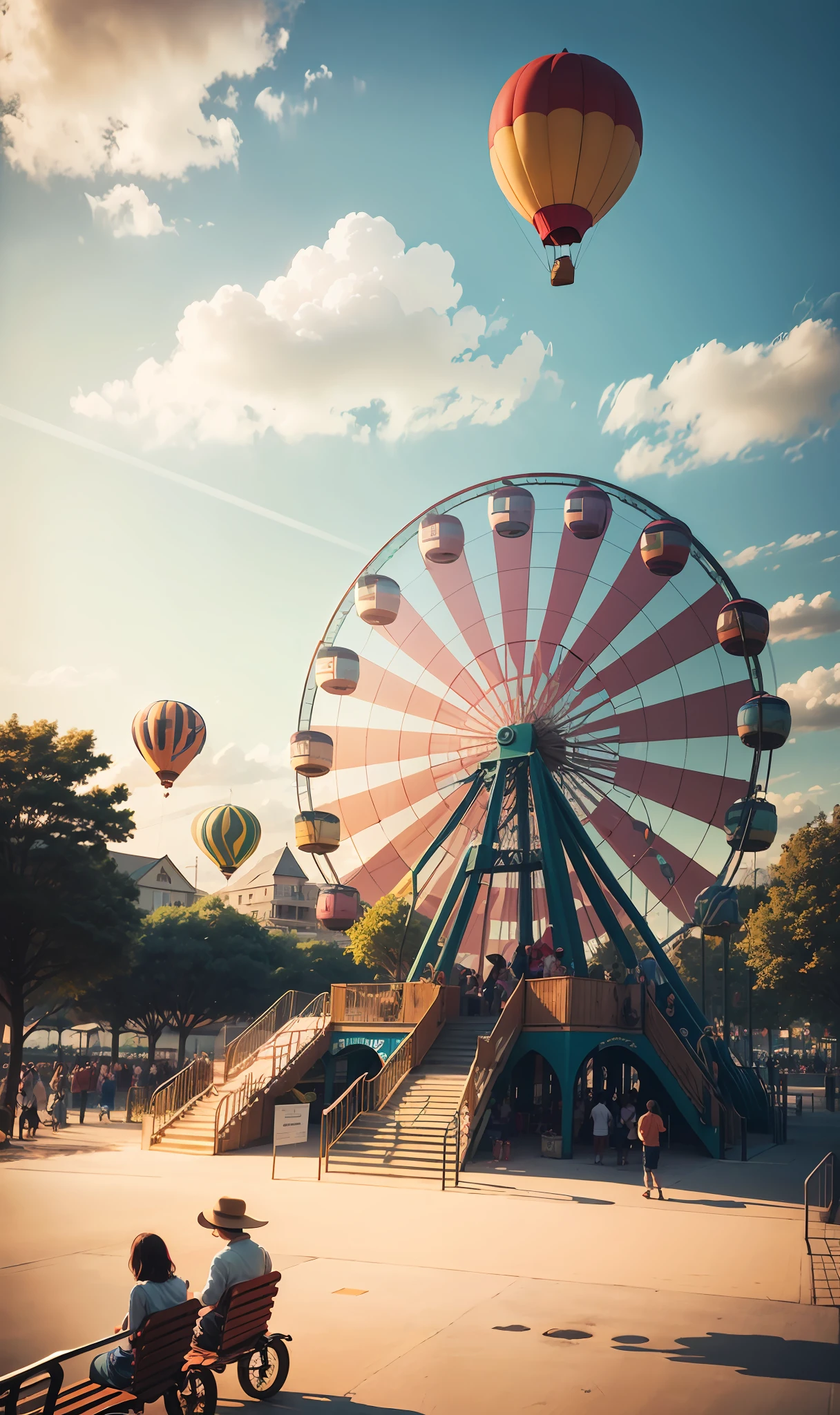 Ferris wheel, roller coaster, carousel, lots of air balloons, playground, seaside, greenery, people come and go, have fun --auto